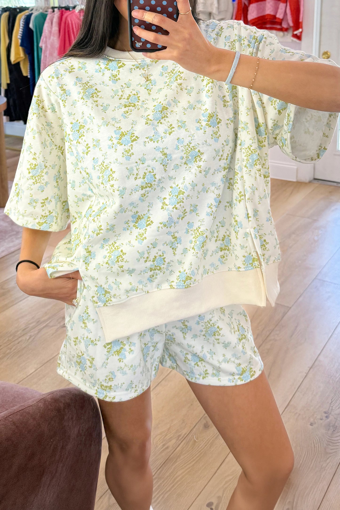 Floral Print Short Sleeve Elastic Waist Pocket Two Piece Set