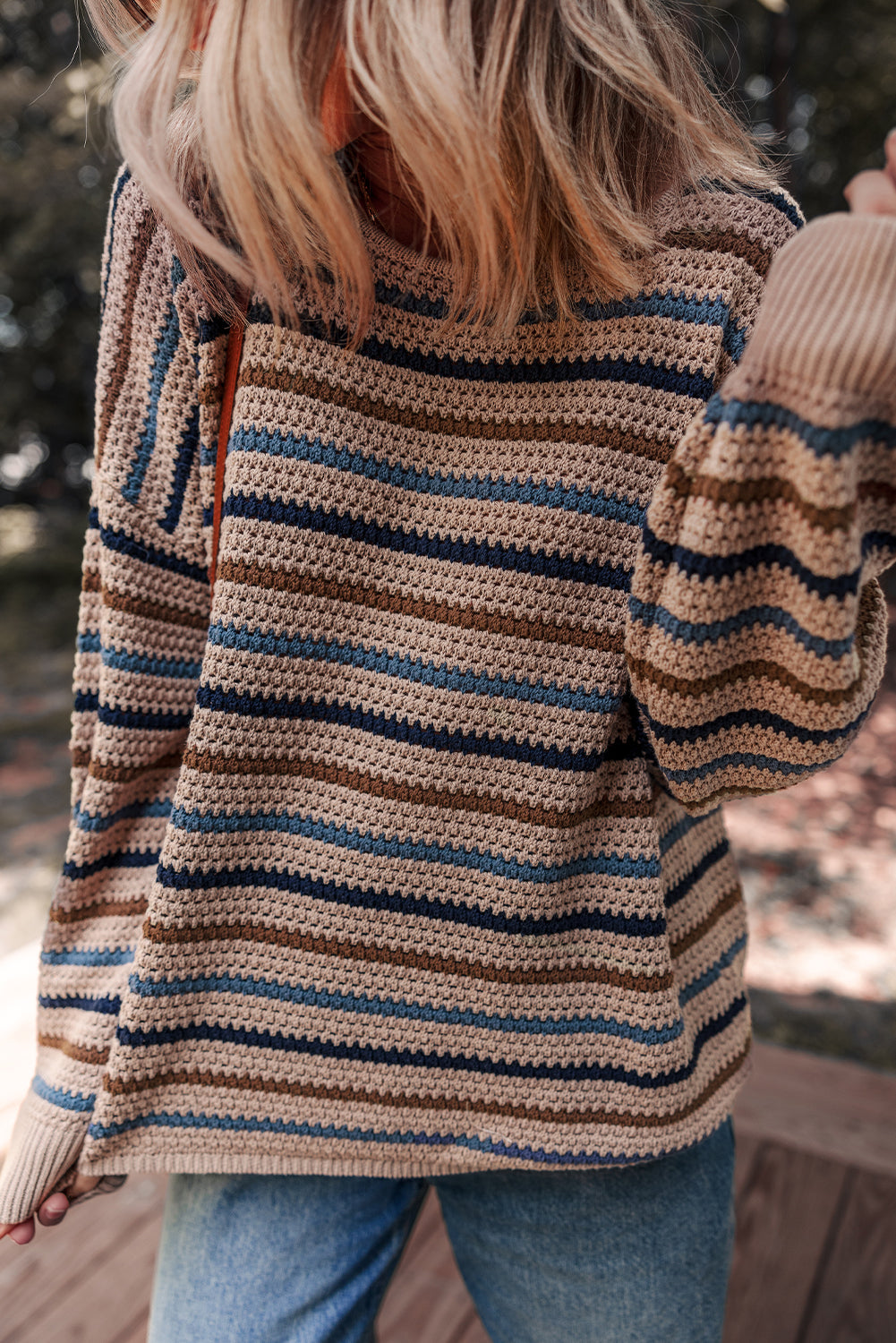 Striped Knitted Drop Shoulder Round Neck Sweater