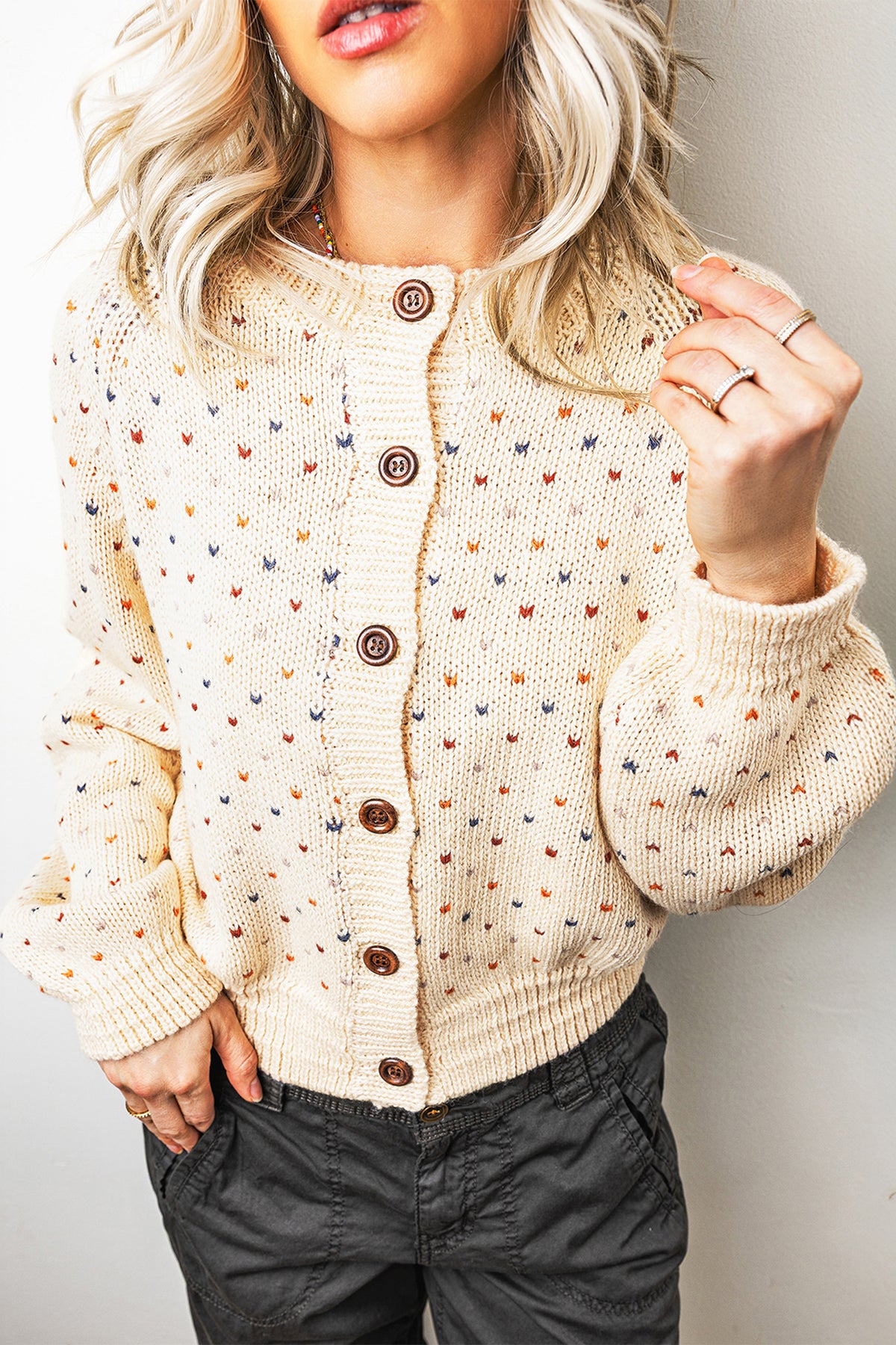 Geometric Print Button Front Long Sleeve Regular Fit Cardigan