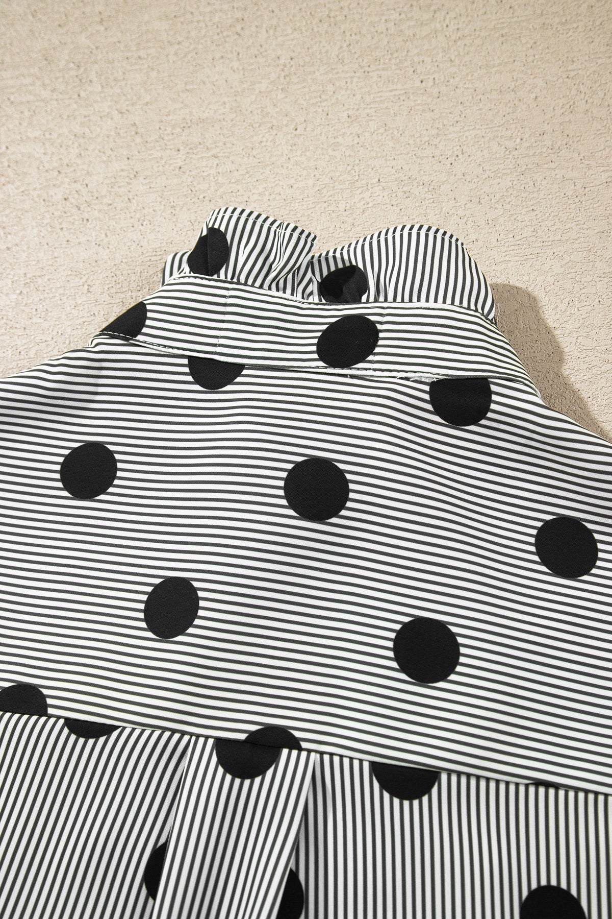 Polka Dot Striped Print Ruffle Stand Neck 3/4 Sleeve Shift Shirt