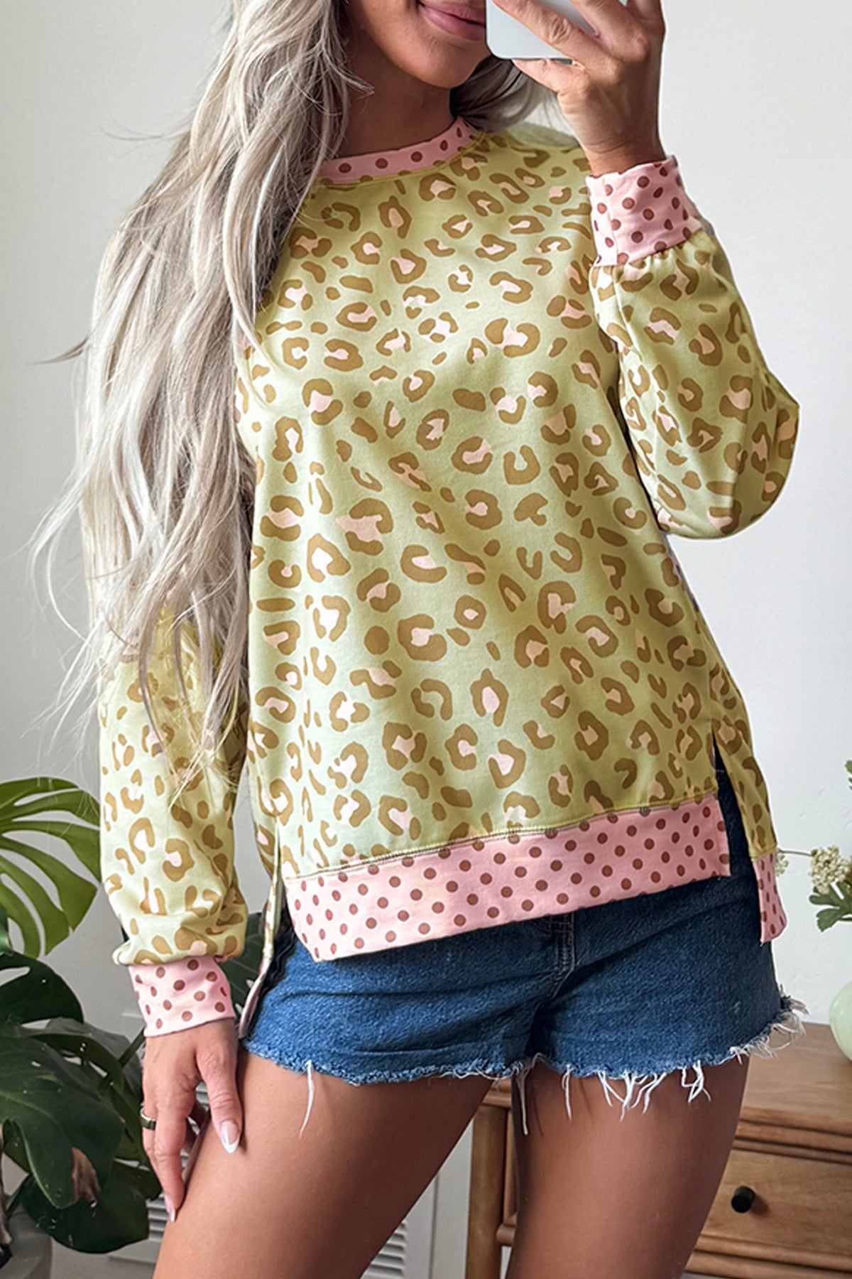Leopard Polka Dot Colorblock Trim Long Sleeve Top