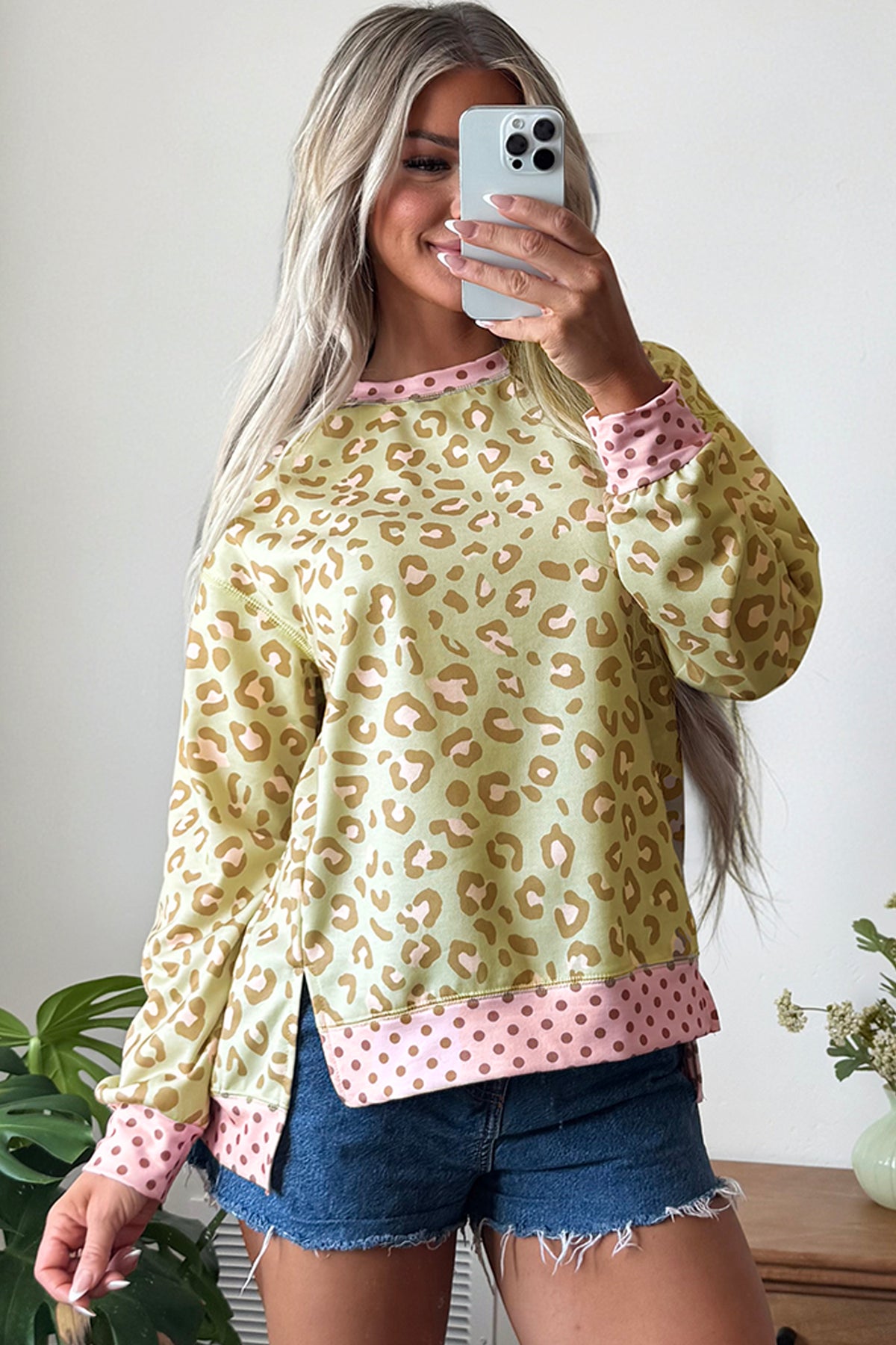 Leopard Polka Dot Colorblock Trim Long Sleeve Top