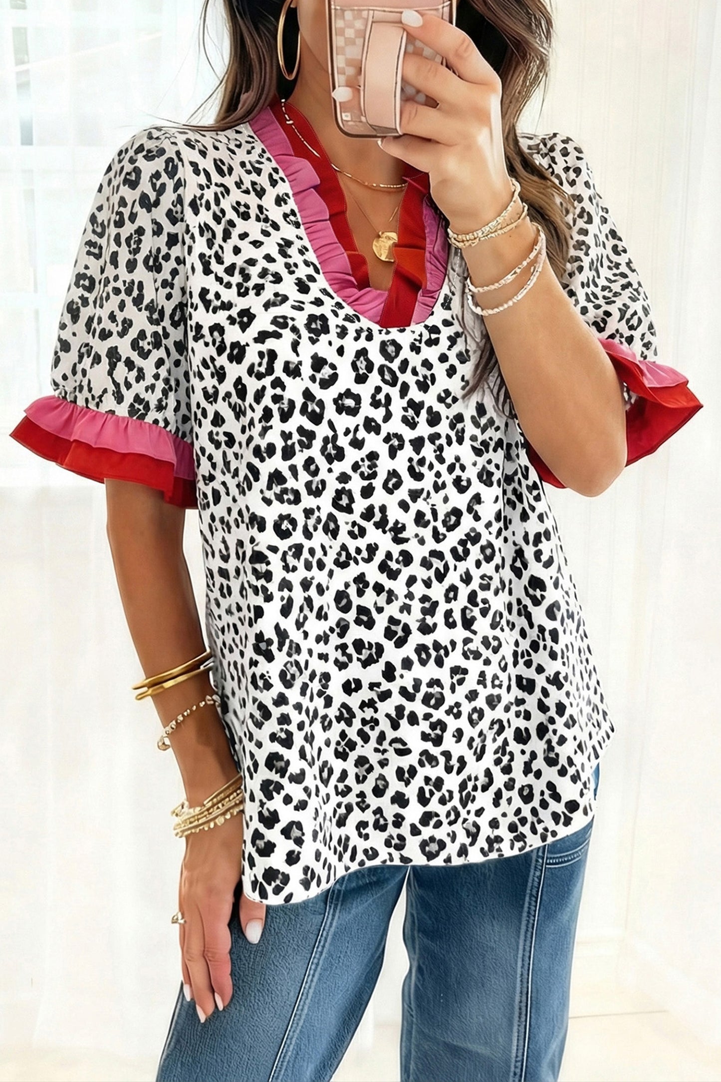 Stripe Ruffled Trim V Neck Leopard Print Short Sleeve Blouse