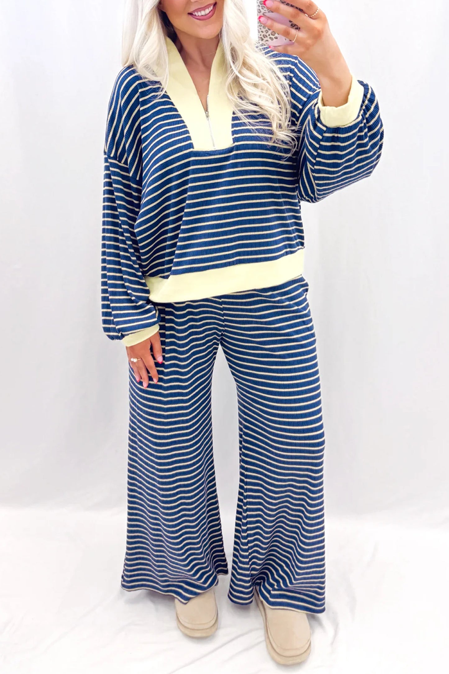 Color Block Patchwork Zip V Neck Pullover Loose Pants 2pcs Set
