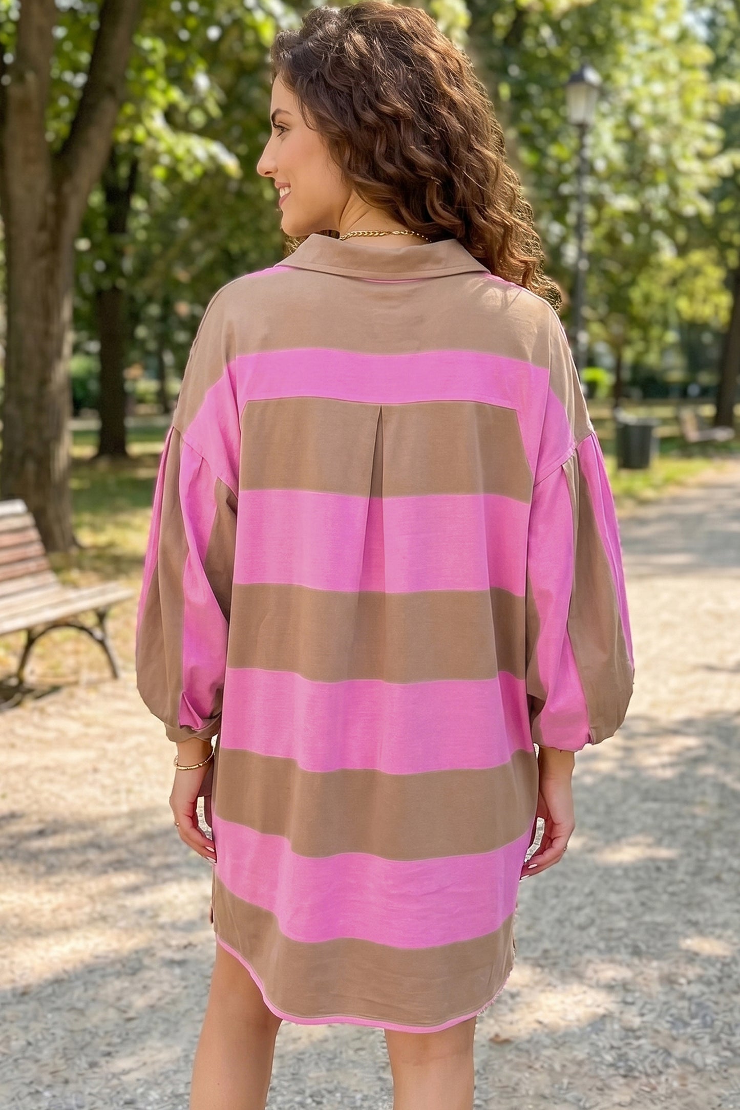 Stripe Striped Button Long Sleeve Short Shift Dress