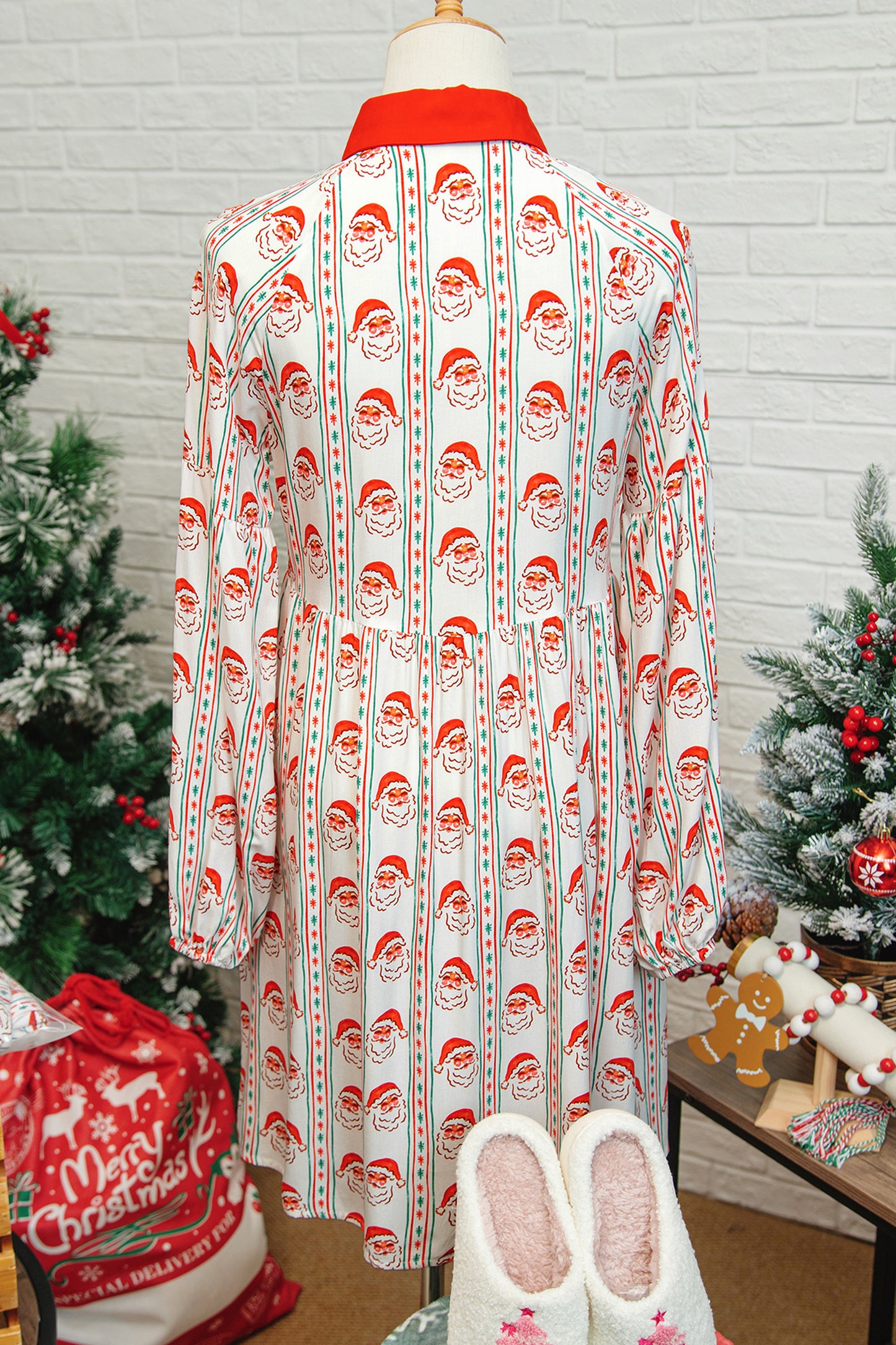 Father Christmas Contrast Collar Button Front Long Sleeve A-line Mini Dress