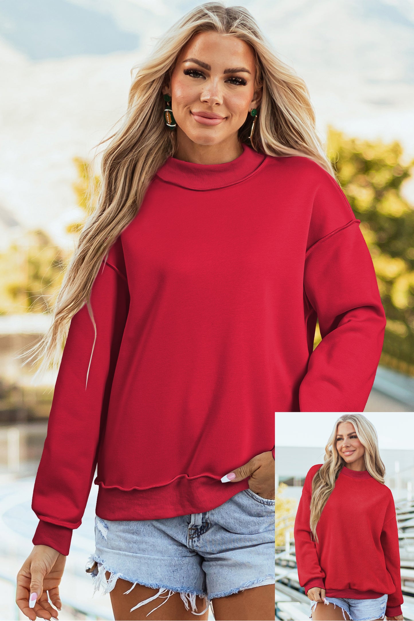 Oversize Drop Shoulder Reversible Mock Neck Sweatshirt
