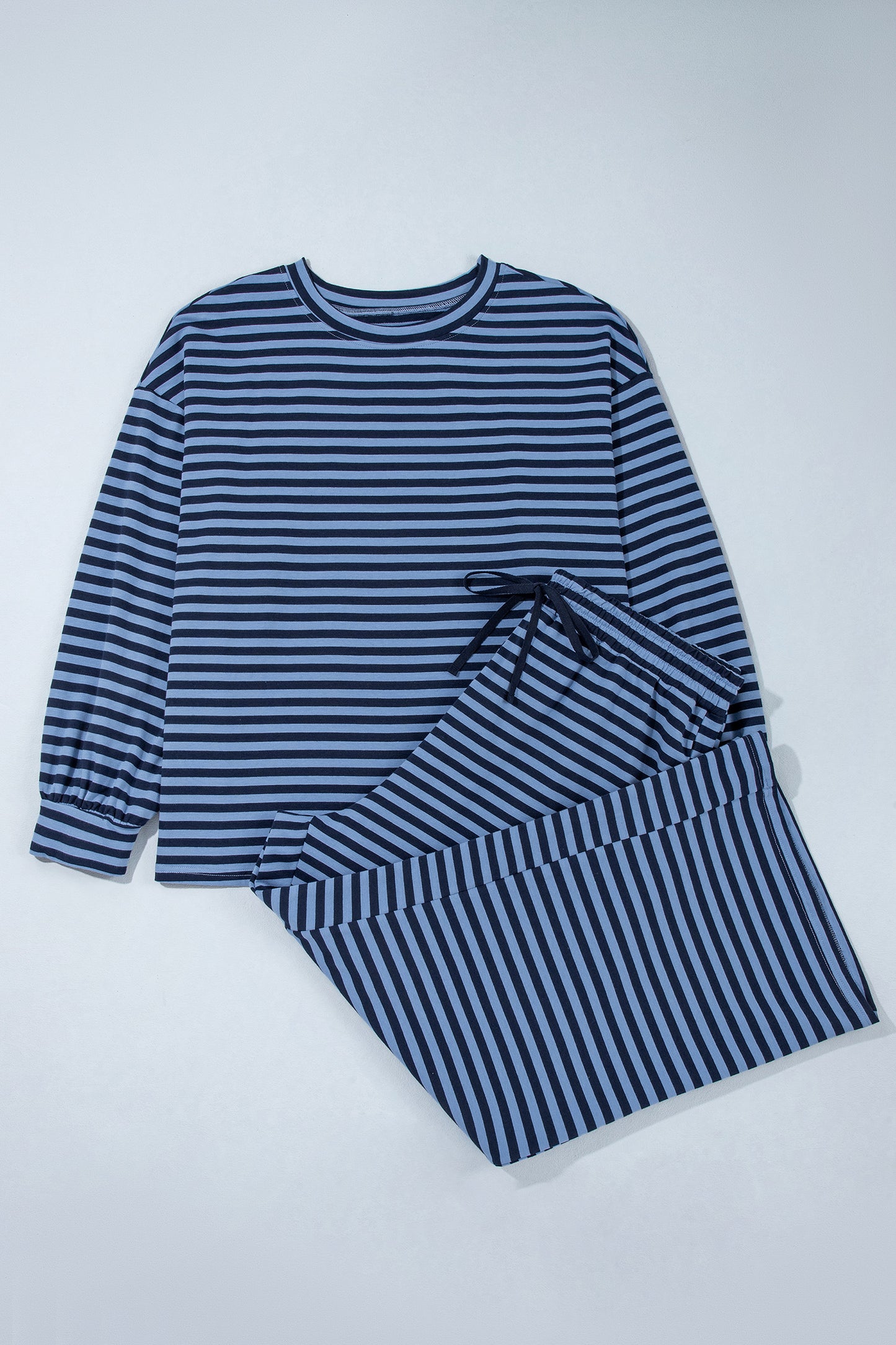 Stripe Long Sleeve Drawstring Waist Plus Size Lounge Pants Set