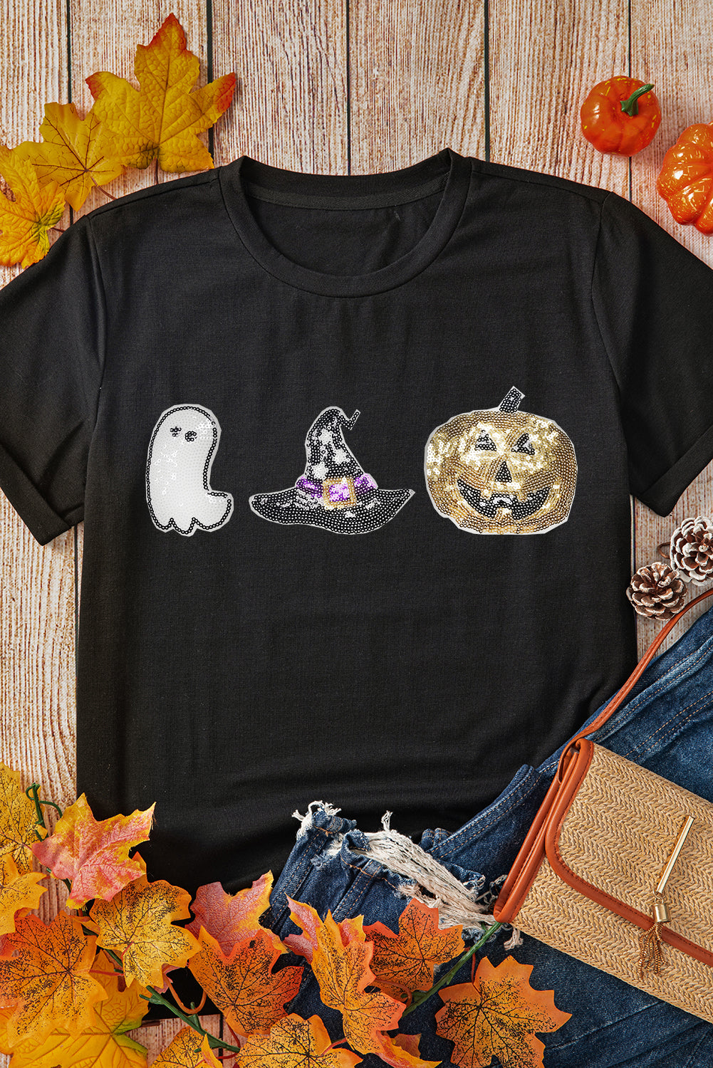 Halloween Sequin Pattern Patched Crewneck Tee
