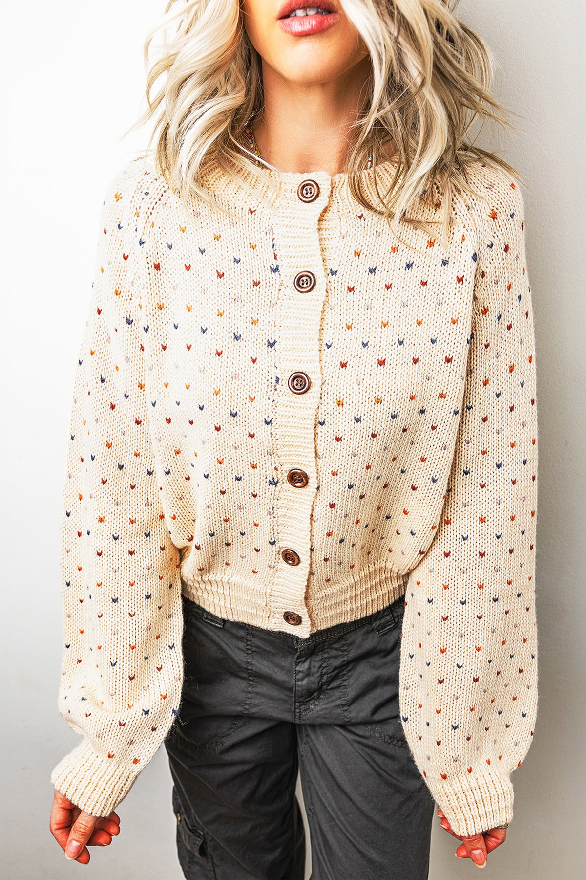 Geometric Print Button Front Long Sleeve Regular Fit Cardigan