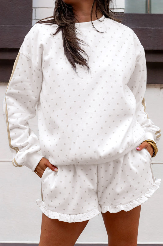Polka Dot Print Side Stripe Detail Casual Sweatshirt 2pcs Short Set