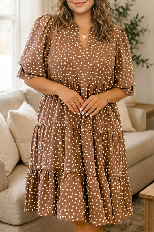 V Neck Polka Dot Long Sleeve Shift Plus Size Dress - Brown