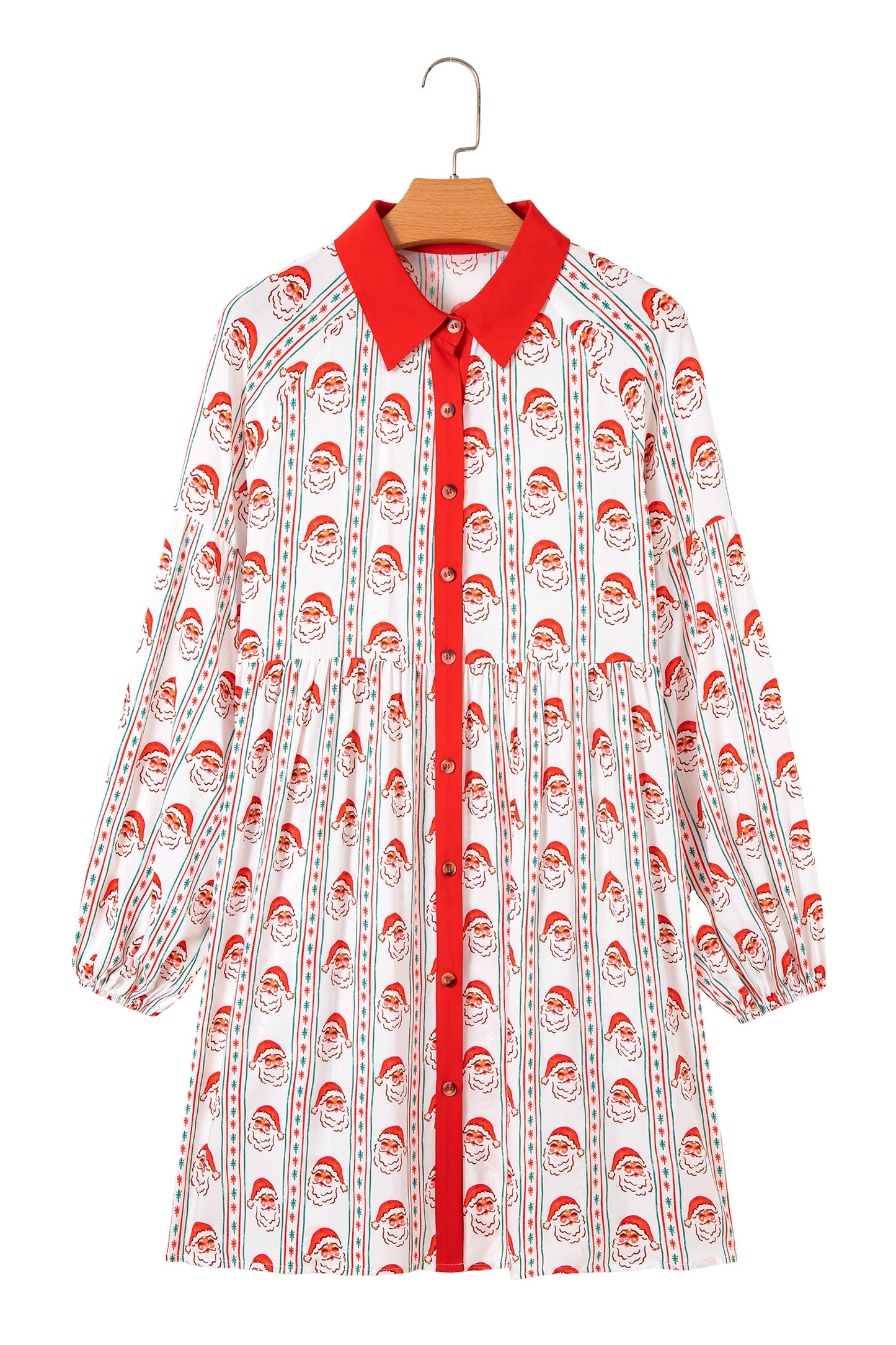 Father Christmas Contrast Collar Button Front Long Sleeve A-line Mini Dress