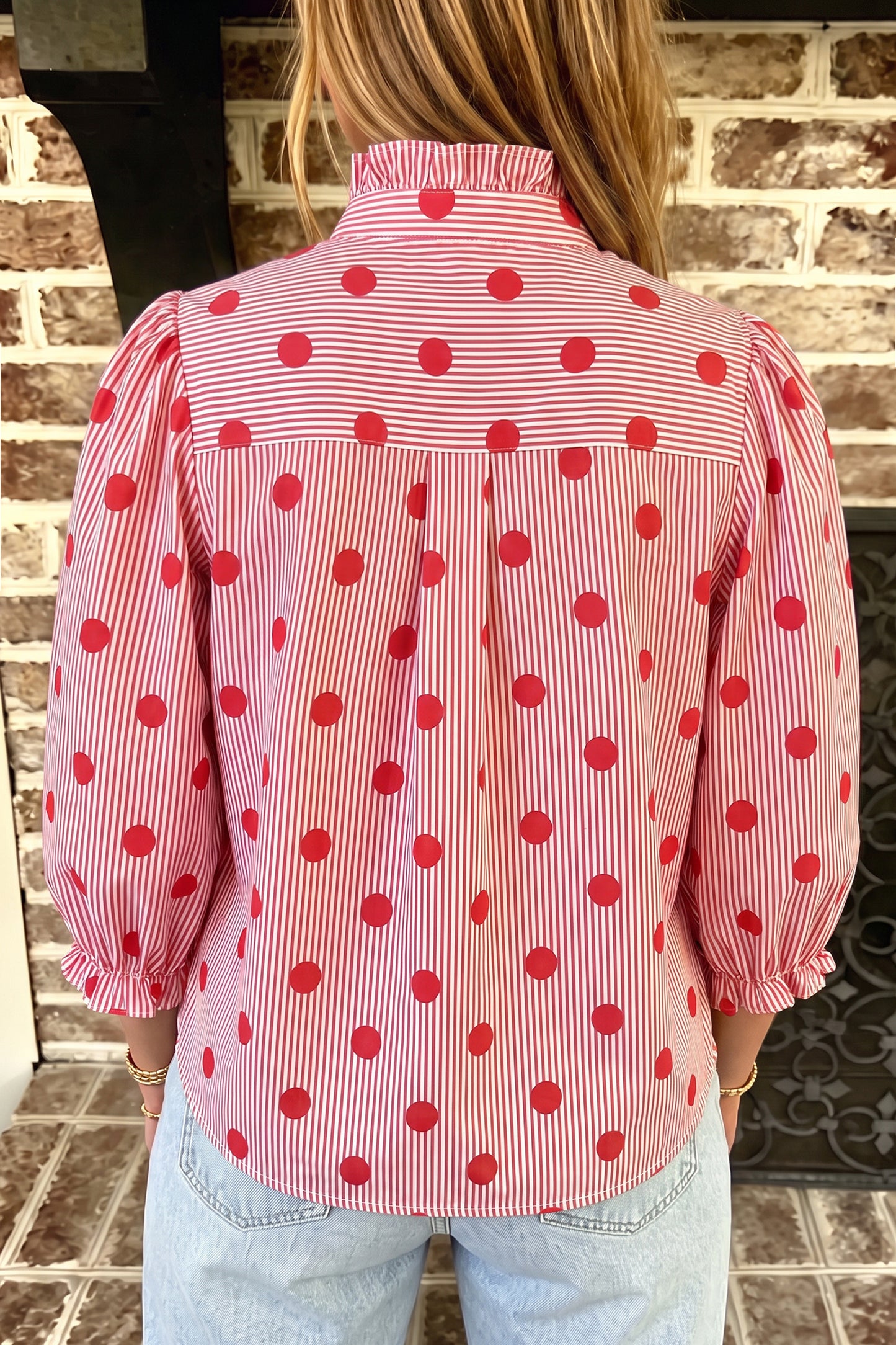 Polka Dot Striped Print Ruffle Stand Neck 3/4 Sleeve Shift Shirt