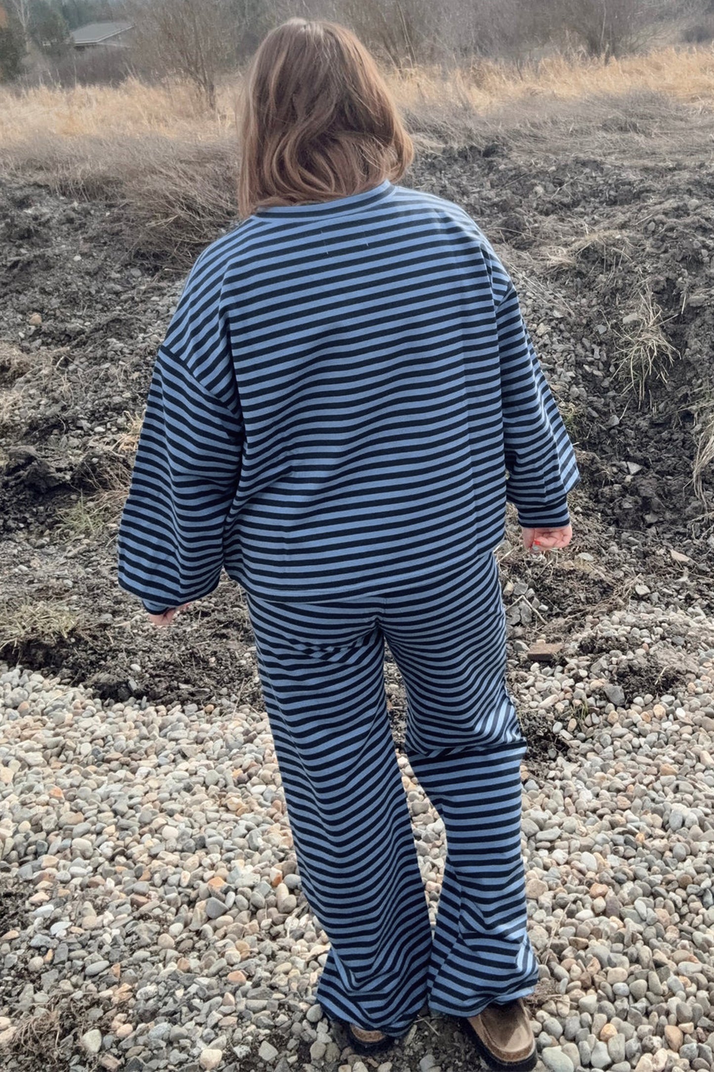 Stripe Long Sleeve Drawstring Waist Plus Size Lounge Pants Set