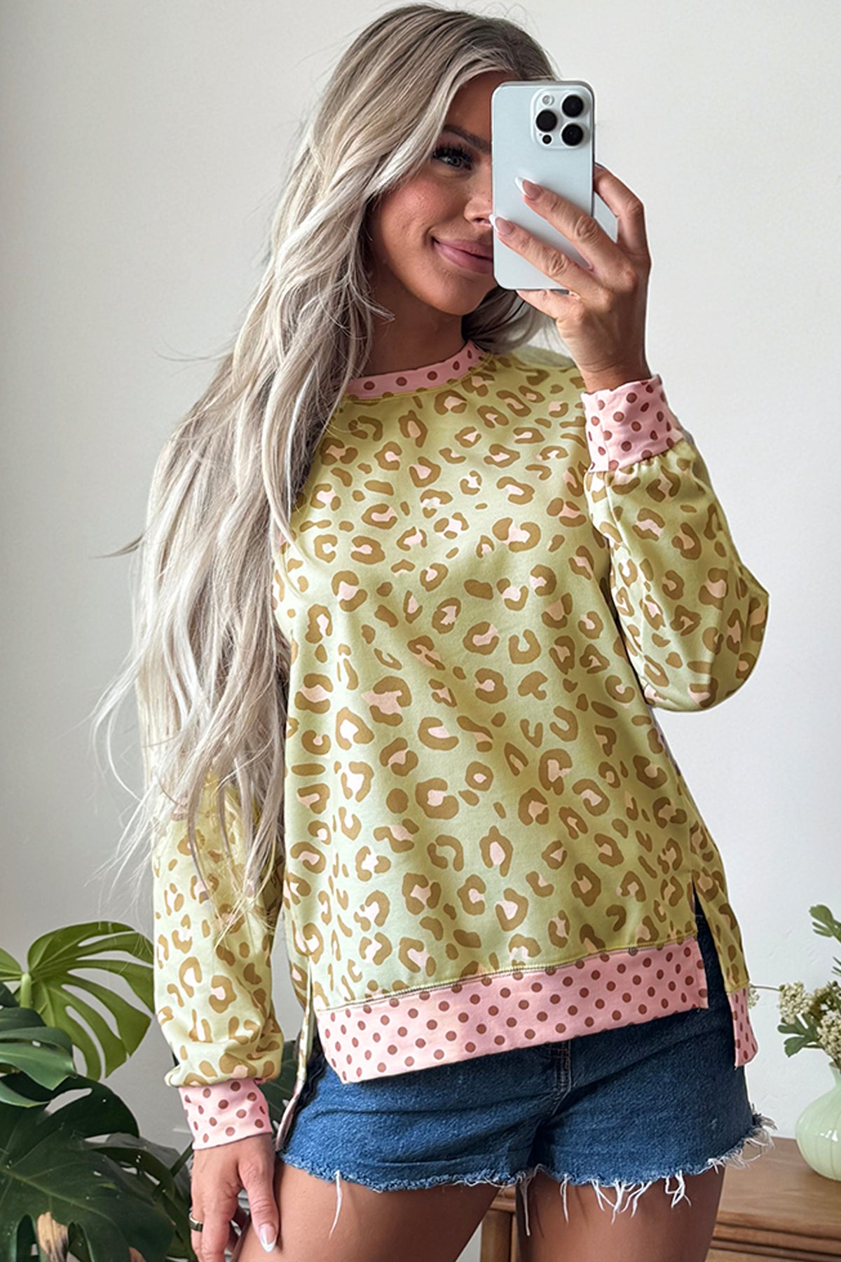 Leopard Polka Dot Colorblock Trim Long Sleeve Top