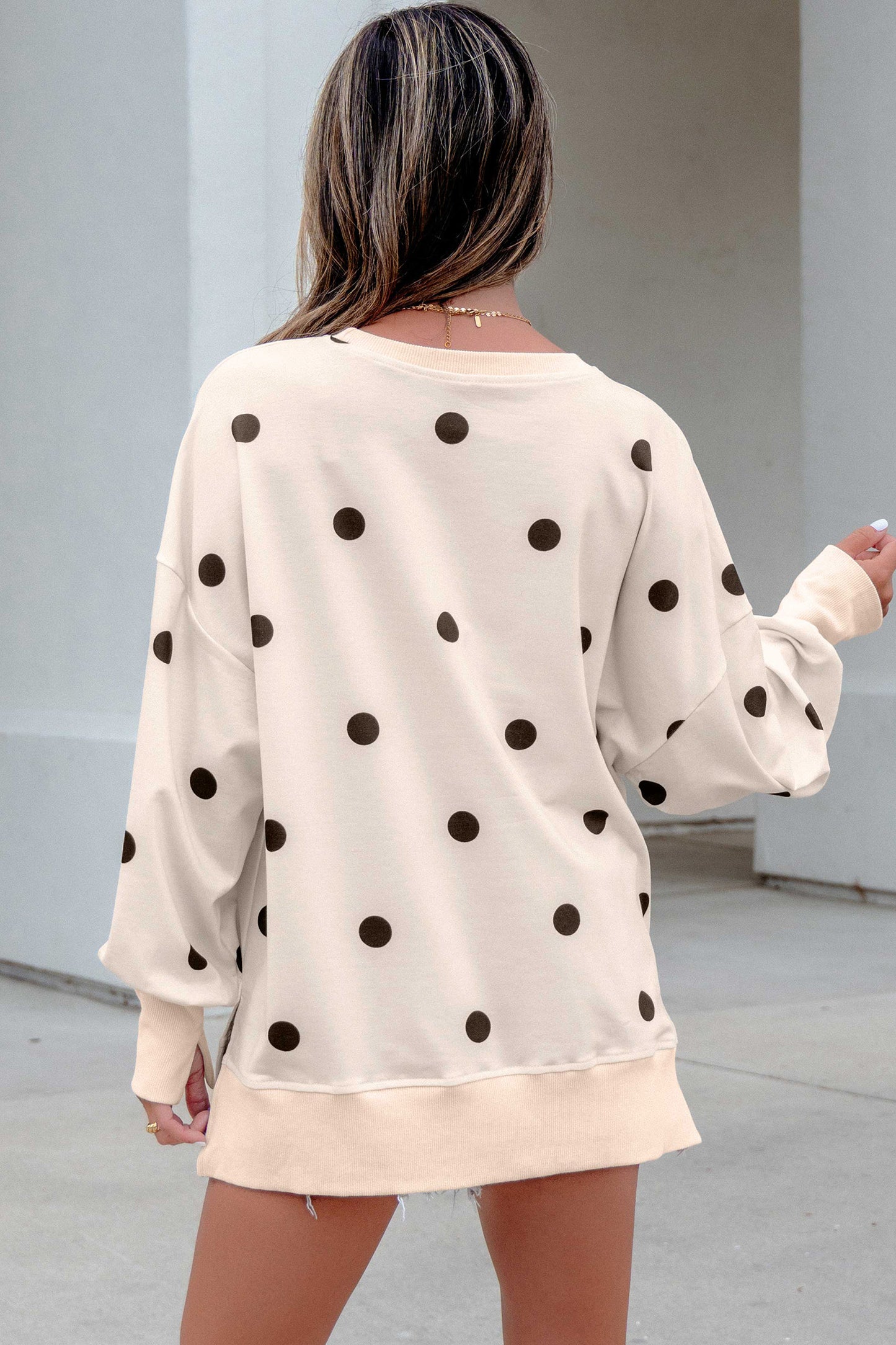 Polka Dot Loose Long Sleeve Split Hem Pullover Top