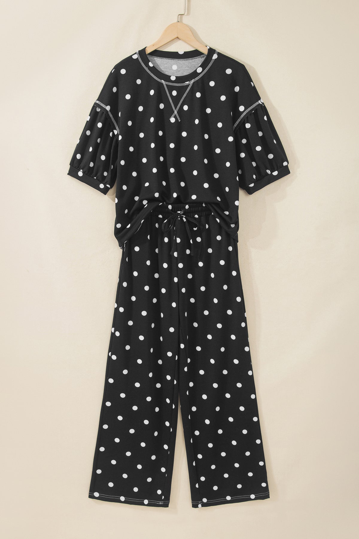 Polka Dot Half Sleeve Loose Top Elastic Waist Casual Pants Set
