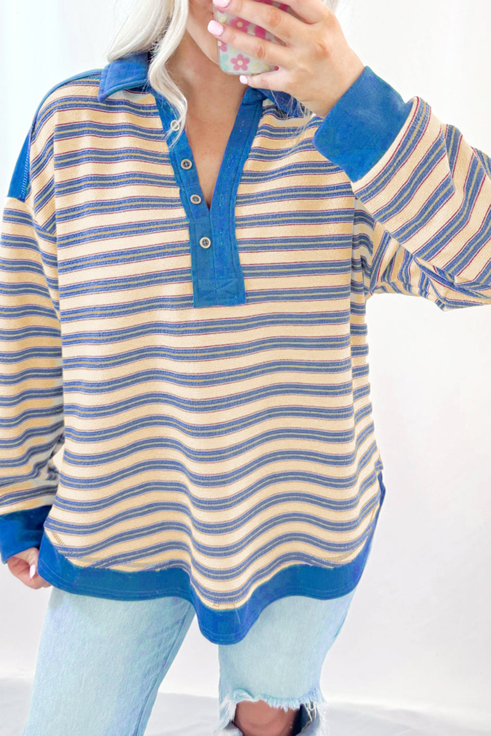 Stripe Buttoned V Neck Collared Drop Shoulder Top