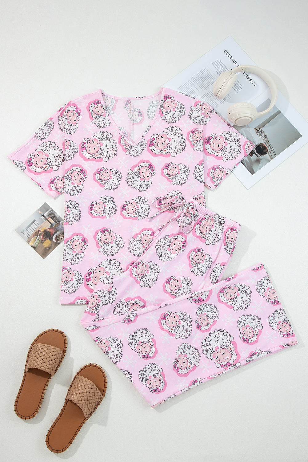 Santa Claus Print V Neck Tee Drawstring Pants 2pcs Lounge Set