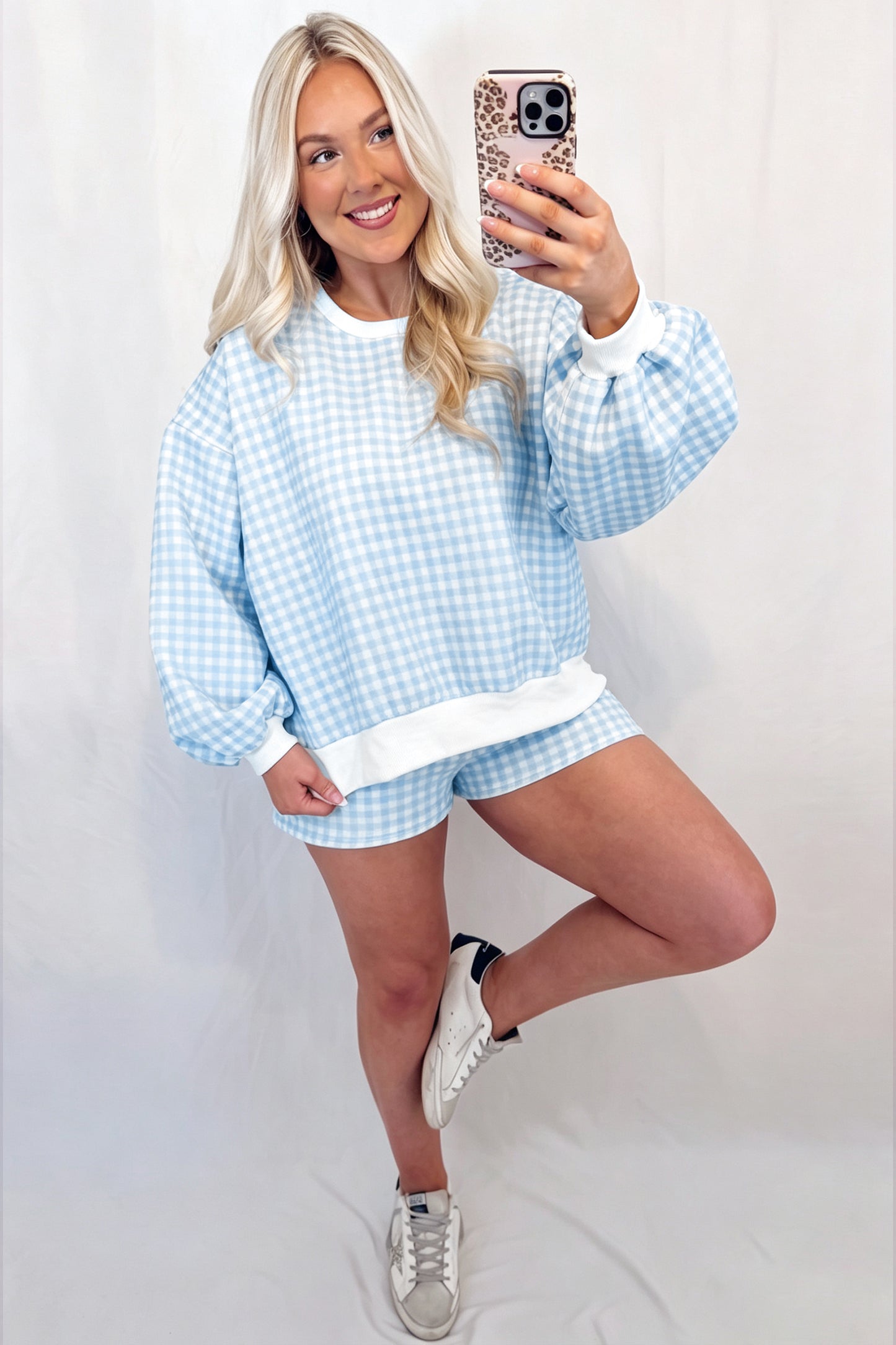Plaid Baggy Pullover Drawstring Casual Shorts 2pcs Outfit