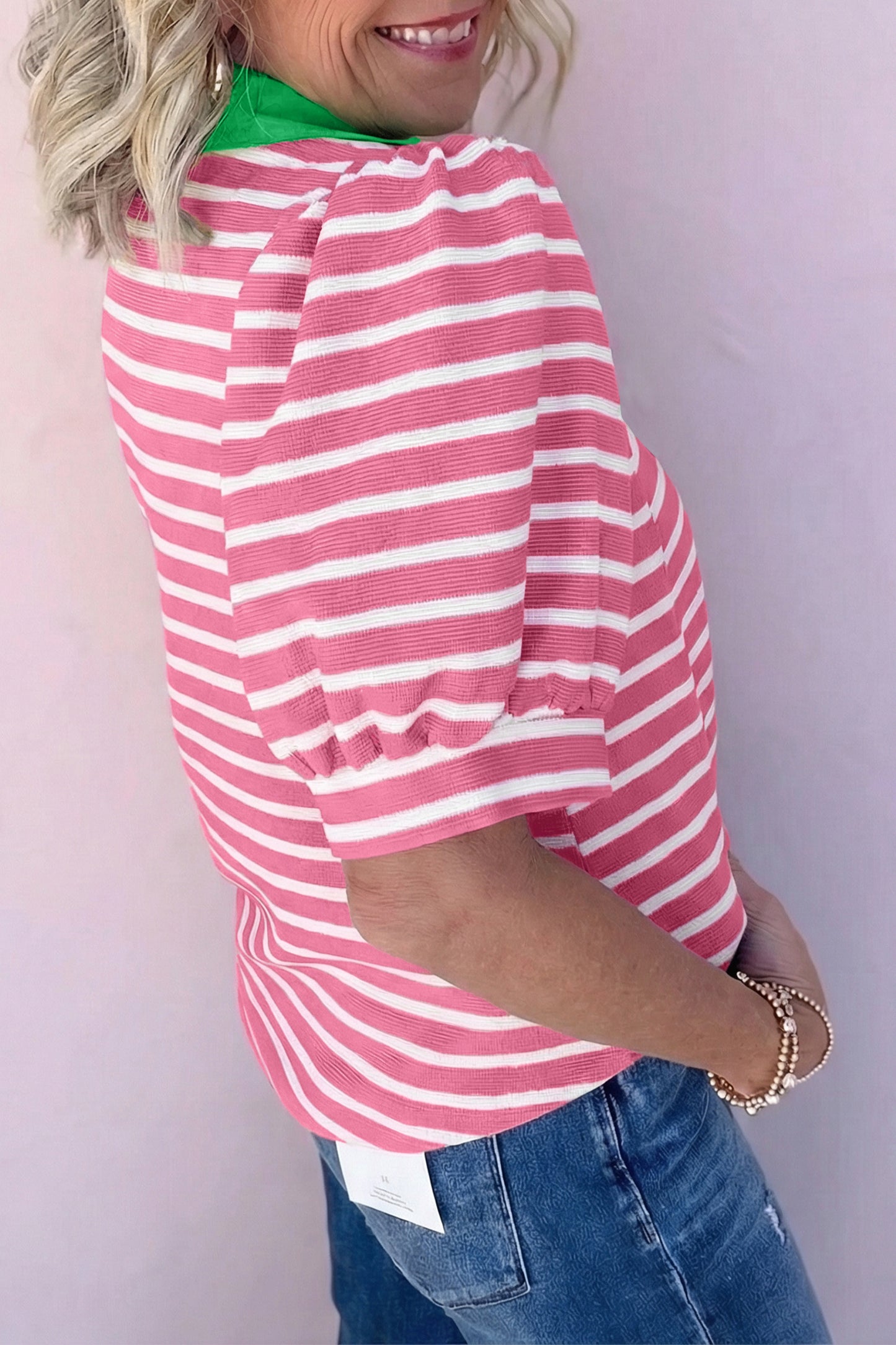 Short Puff Sleeve Color Block Polo Collar Blouse