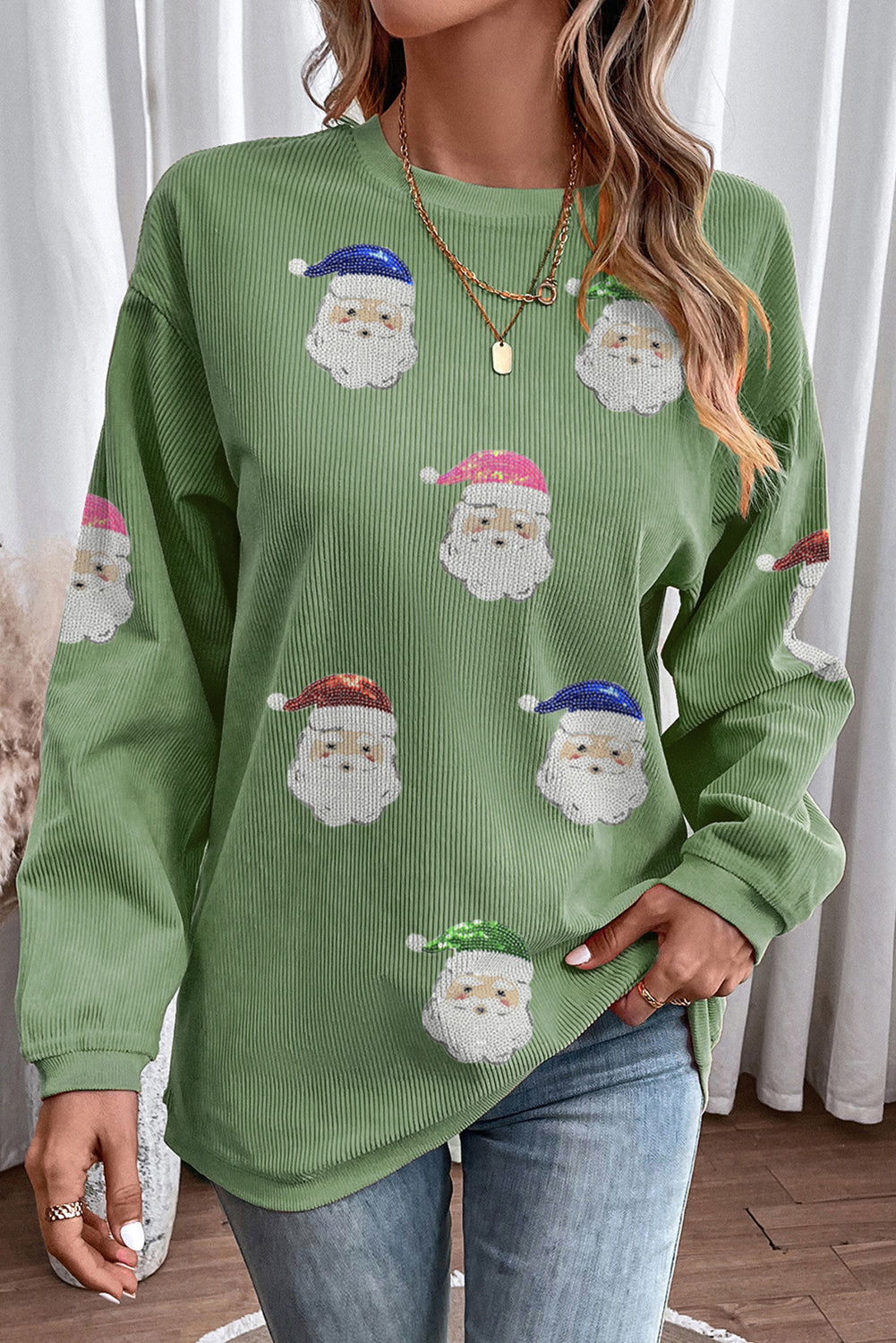 Corded Ribbed Sequin Patched Santa Claus Graphic Sweatshirt