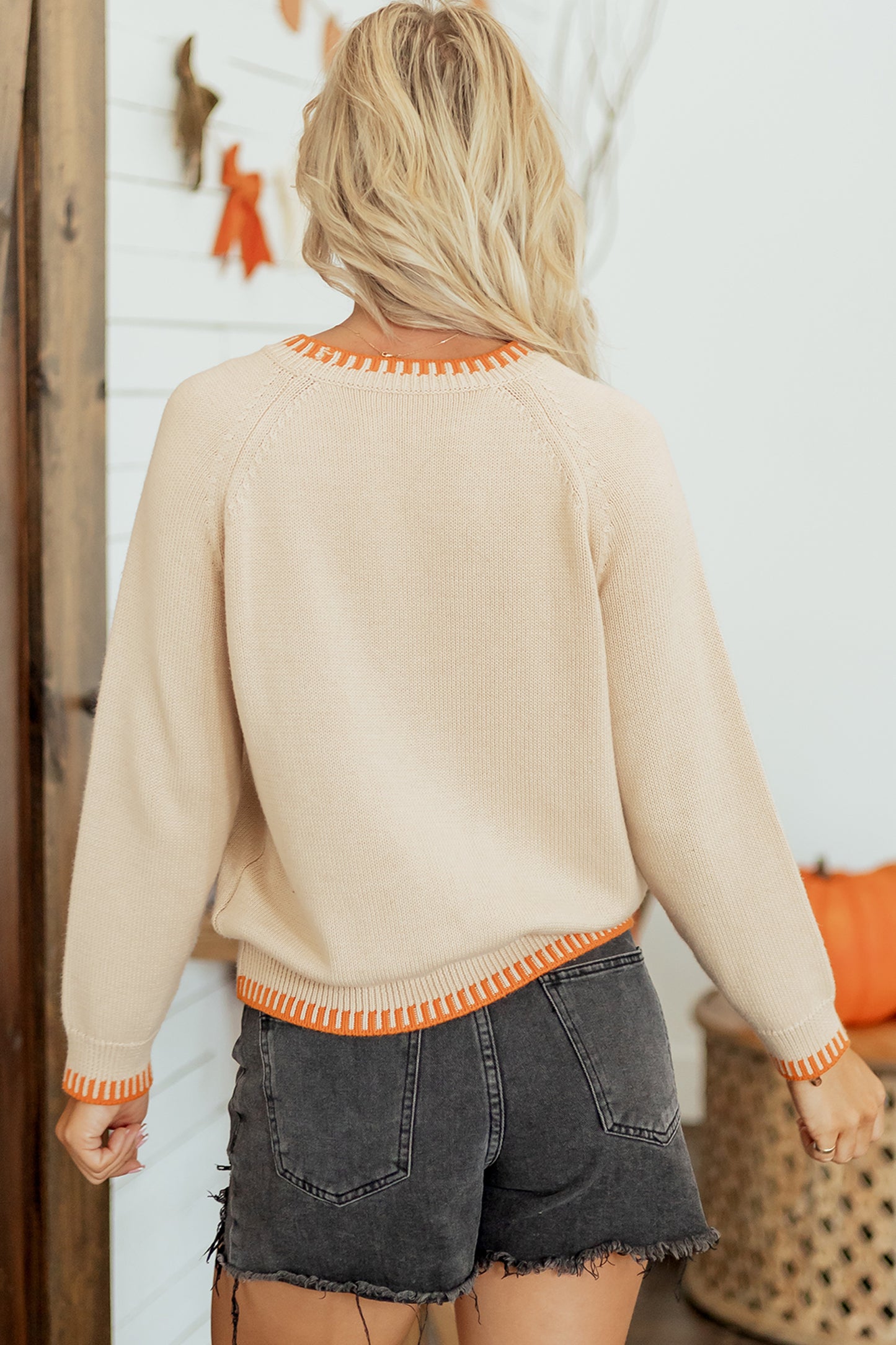 Floral Embroidery Pumpkin Long Sleeve Round Neck Sweater