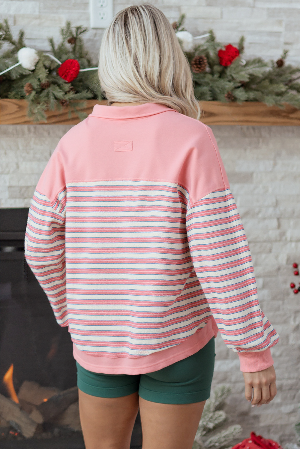 Stripe Buttoned V Neck Collared Drop Shoulder Top