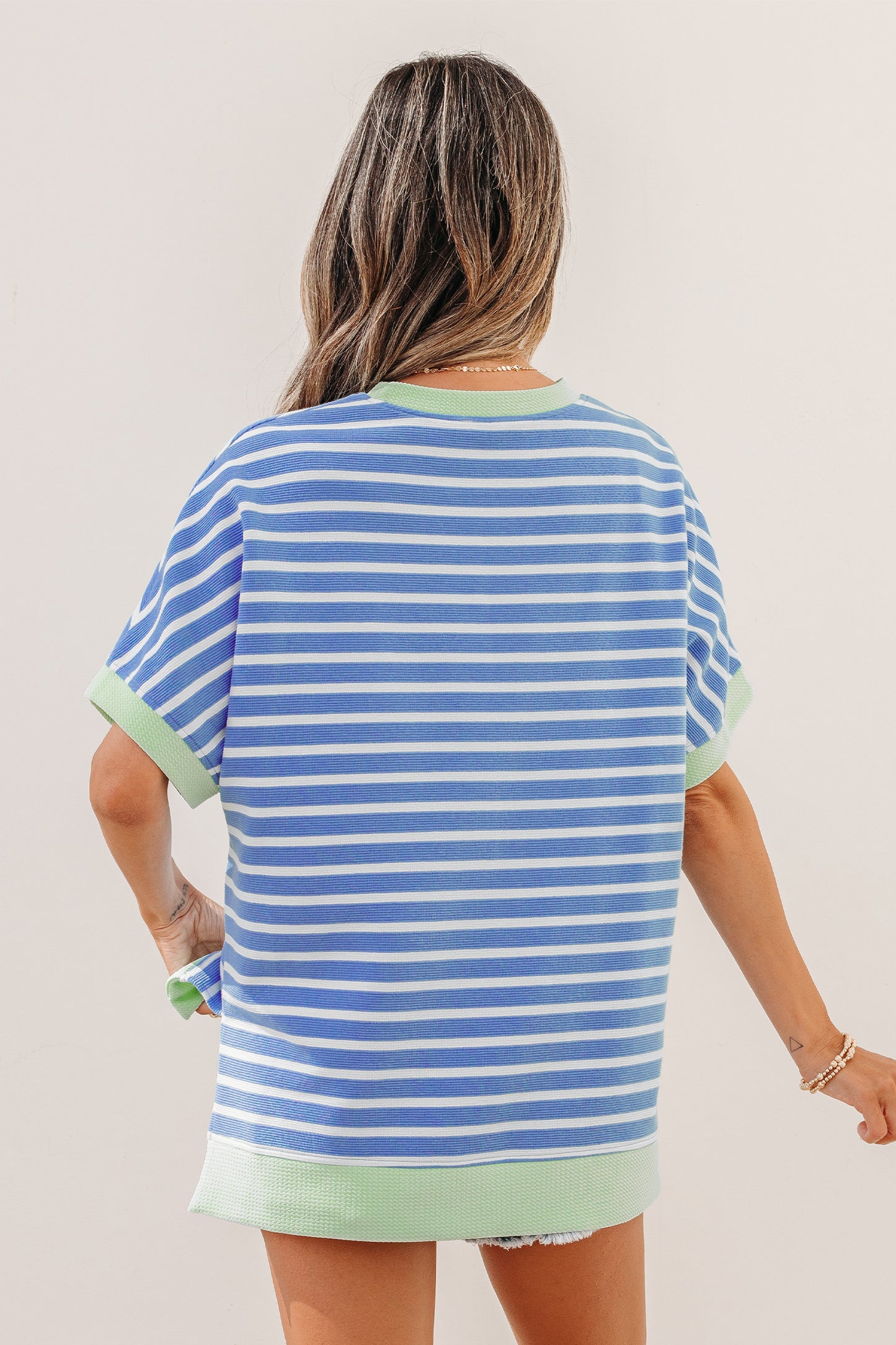 Stripe Contrast Trim Loose Short Sleeve Top