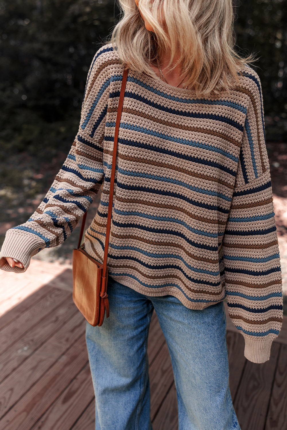 Striped Knitted Drop Shoulder Round Neck Sweater