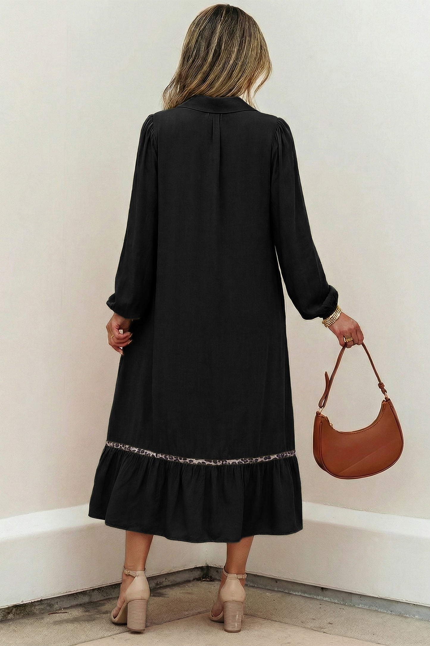 V Neck Smocked Detail Contrast Leopard Trim Bracelet Sleeve Long Dress