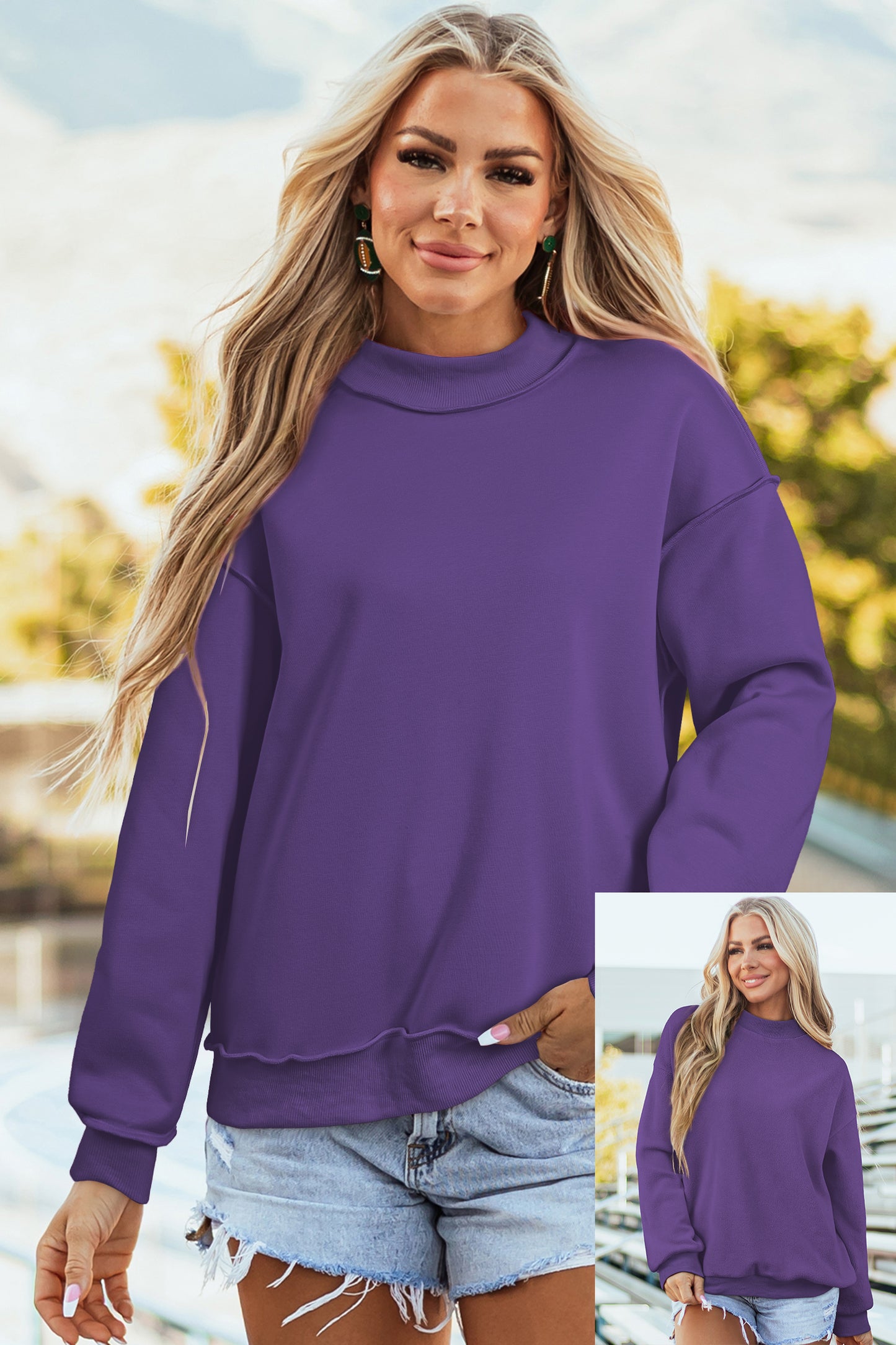 Oversize Drop Shoulder Reversible Mock Neck Sweatshirt
