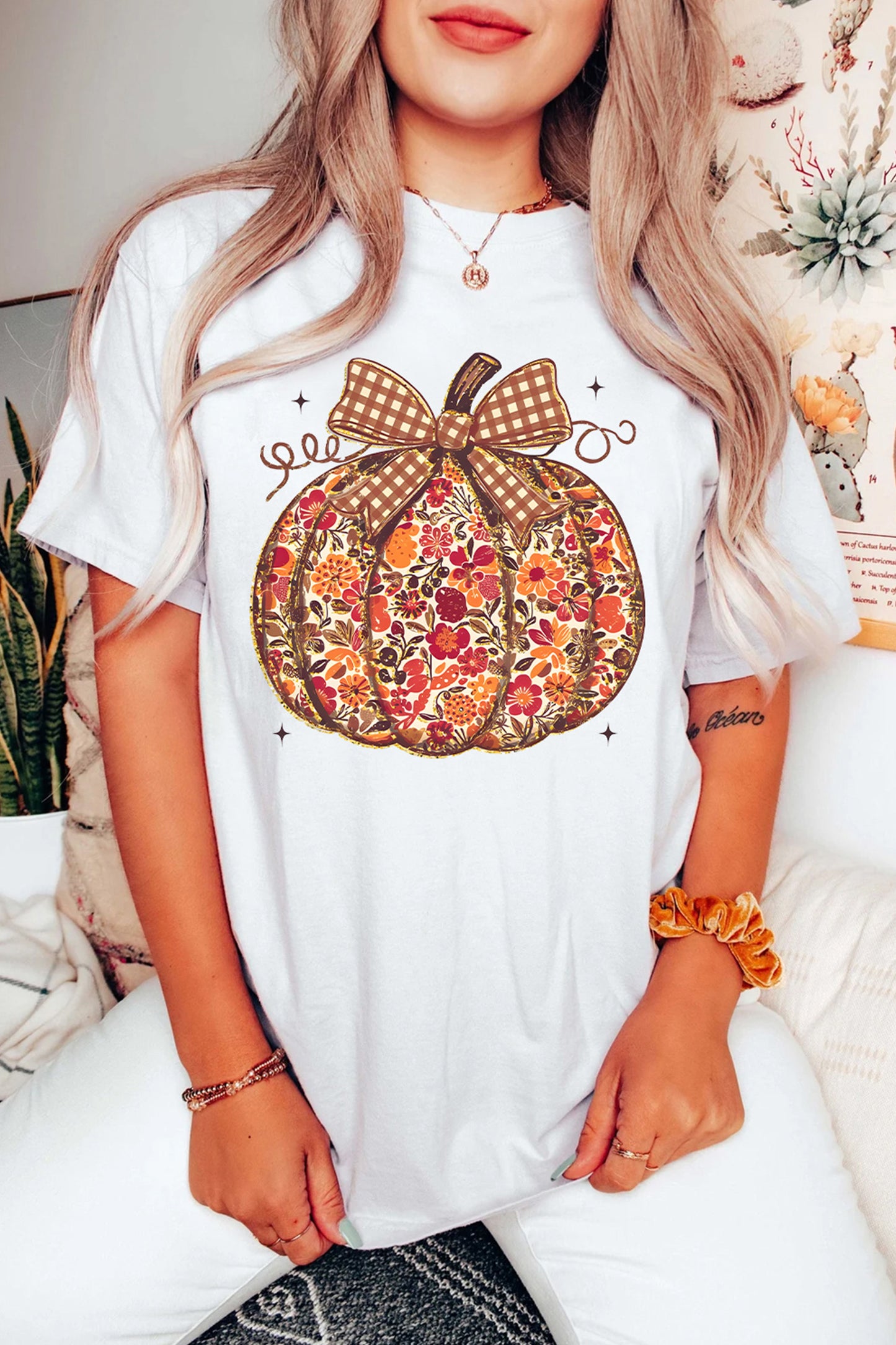 Floral Pumpkin Print Round Neck Short Sleeve T-Shirt