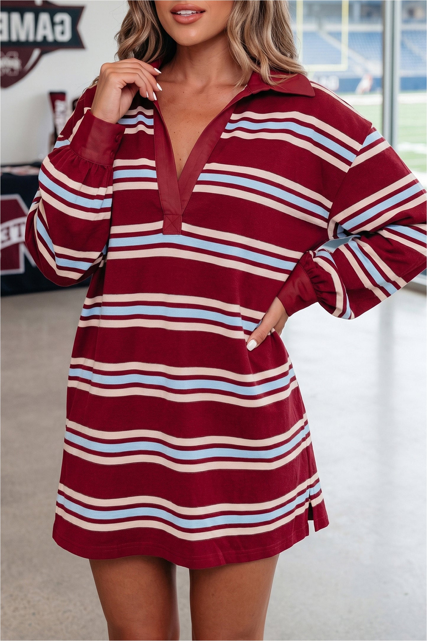 Retro Polo Collar Long Sleeve T Shirt Shift Mini Dress