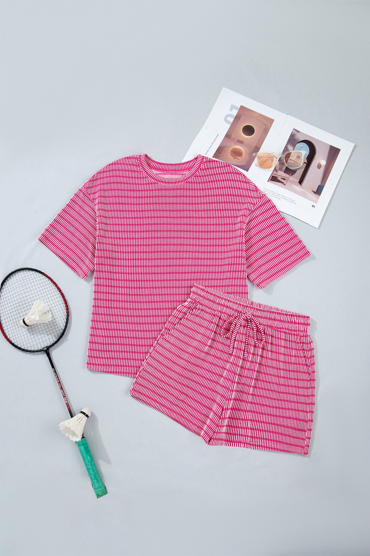 Raised Rib Loose Tee Drawstring Elastic Waist 2pcs Short Set