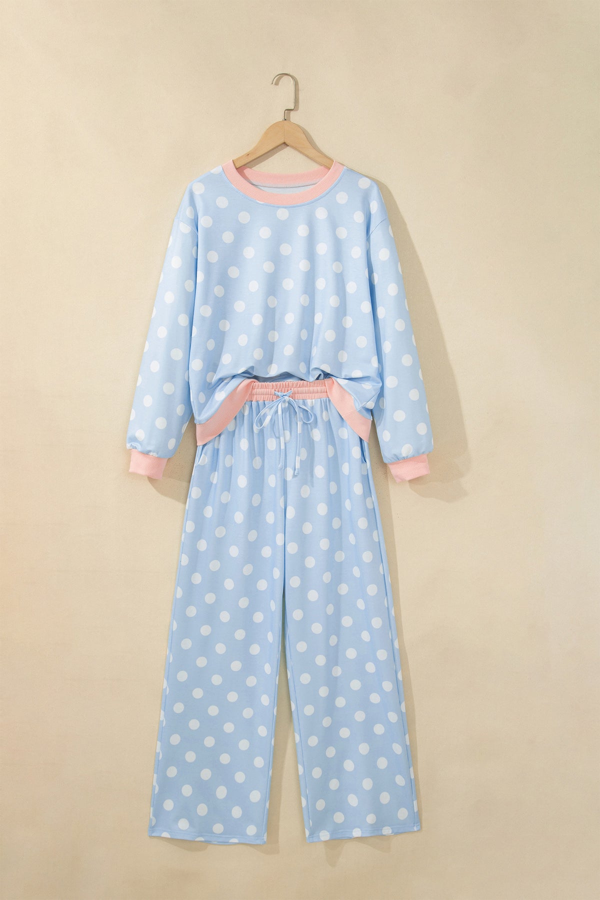 Polka Dot Contrast Trim Long Sleeve Top Drawstring Shift Pants Set