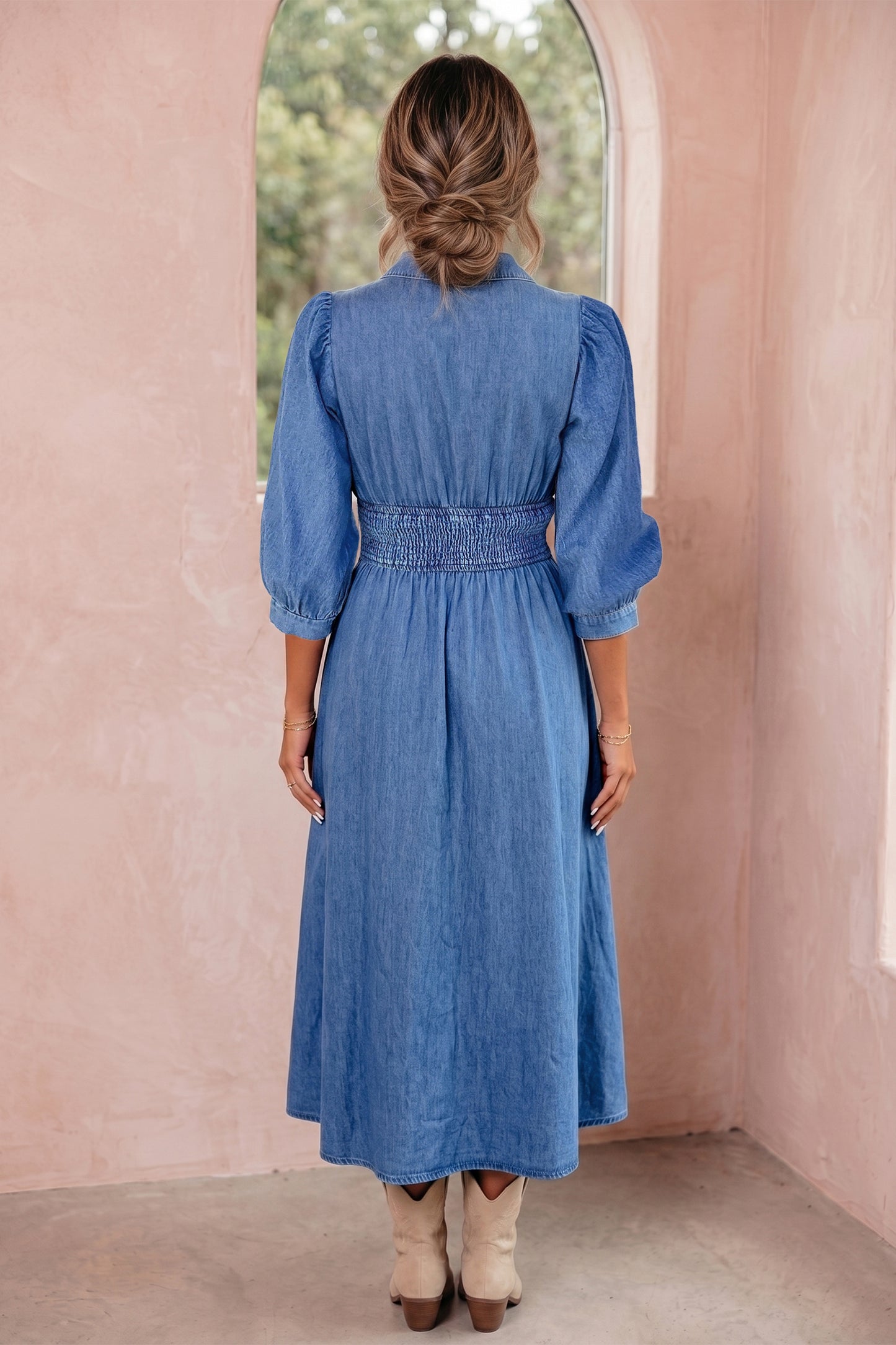V Neck Shirred Waist Metal Zipper Denim Midi Dress