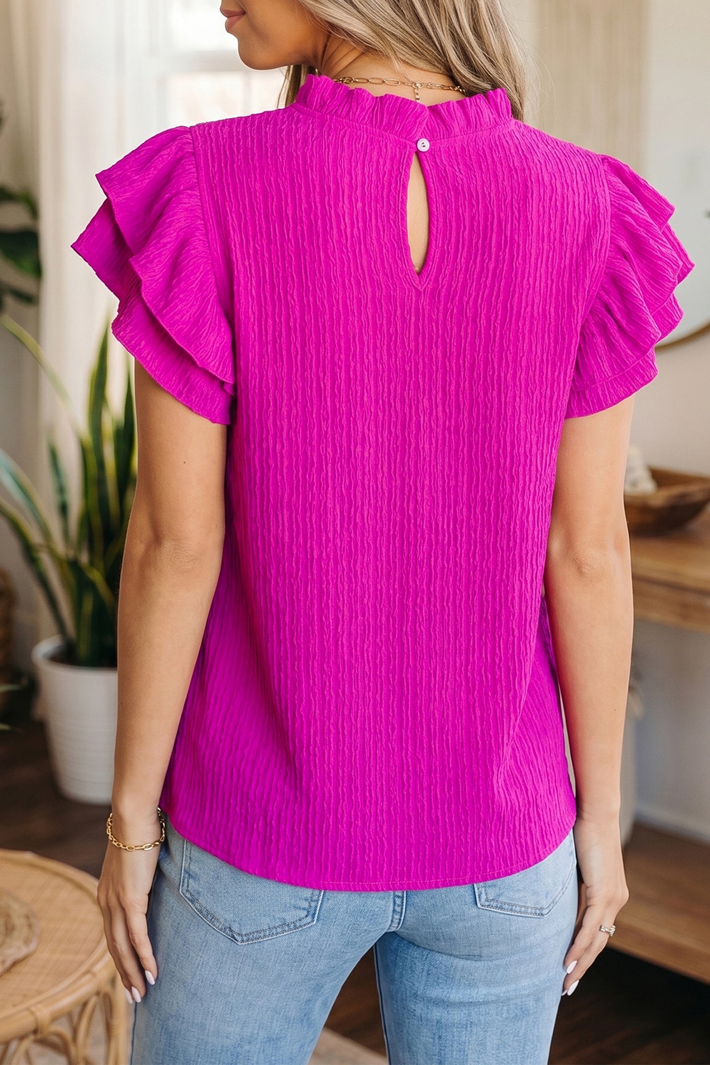 Textured Ruffle Trim Short Sleeve Blouse