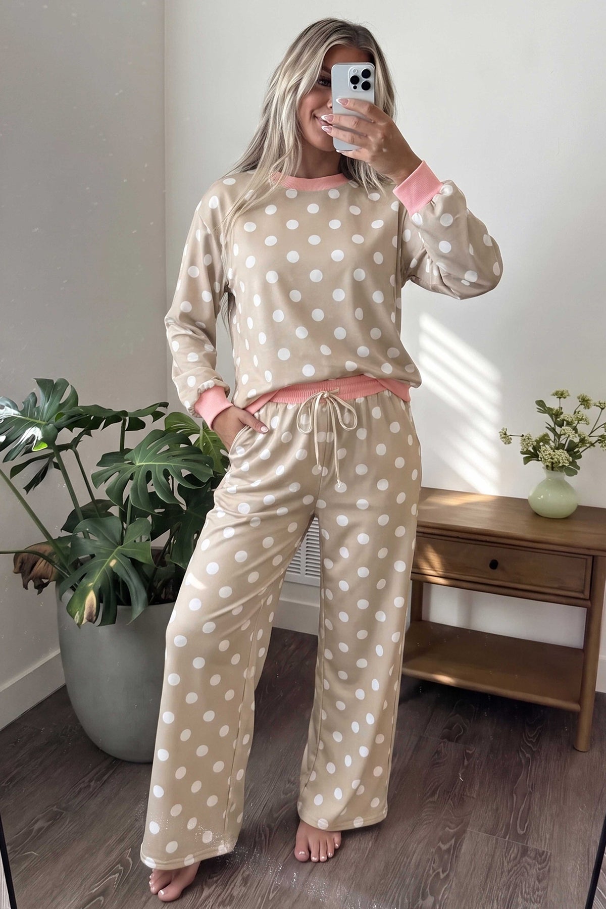 Polka Dot Contrast Trim Long Sleeve Top Drawstring Shift Pants Set