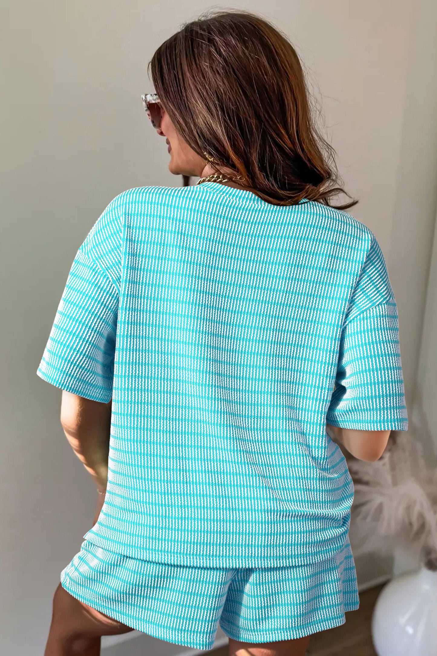 Raised Rib Loose Tee Drawstring Elastic Waist 2pcs Short Set