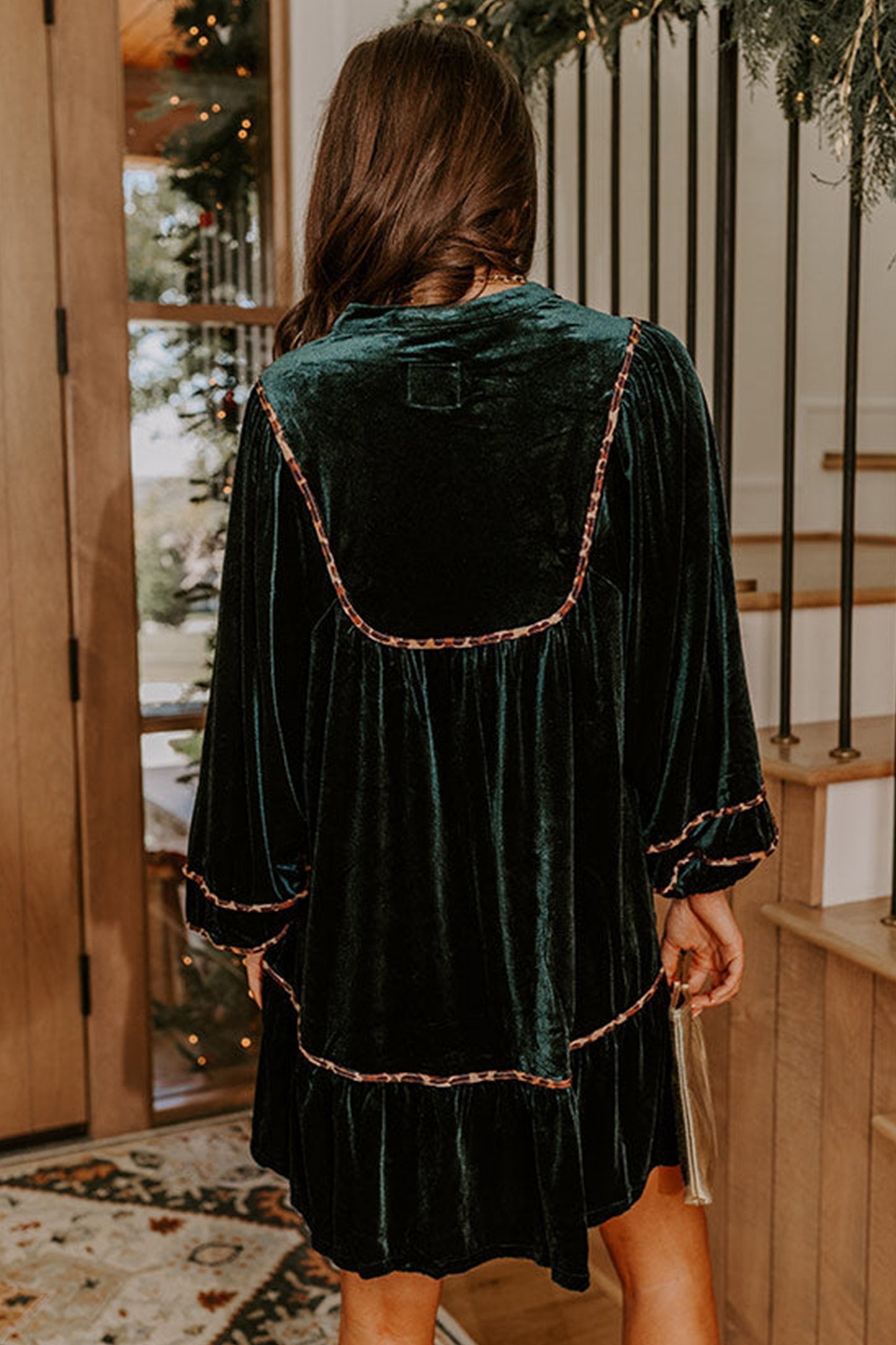 Leopard Trim Velvet Long Sleeve Shift Dress