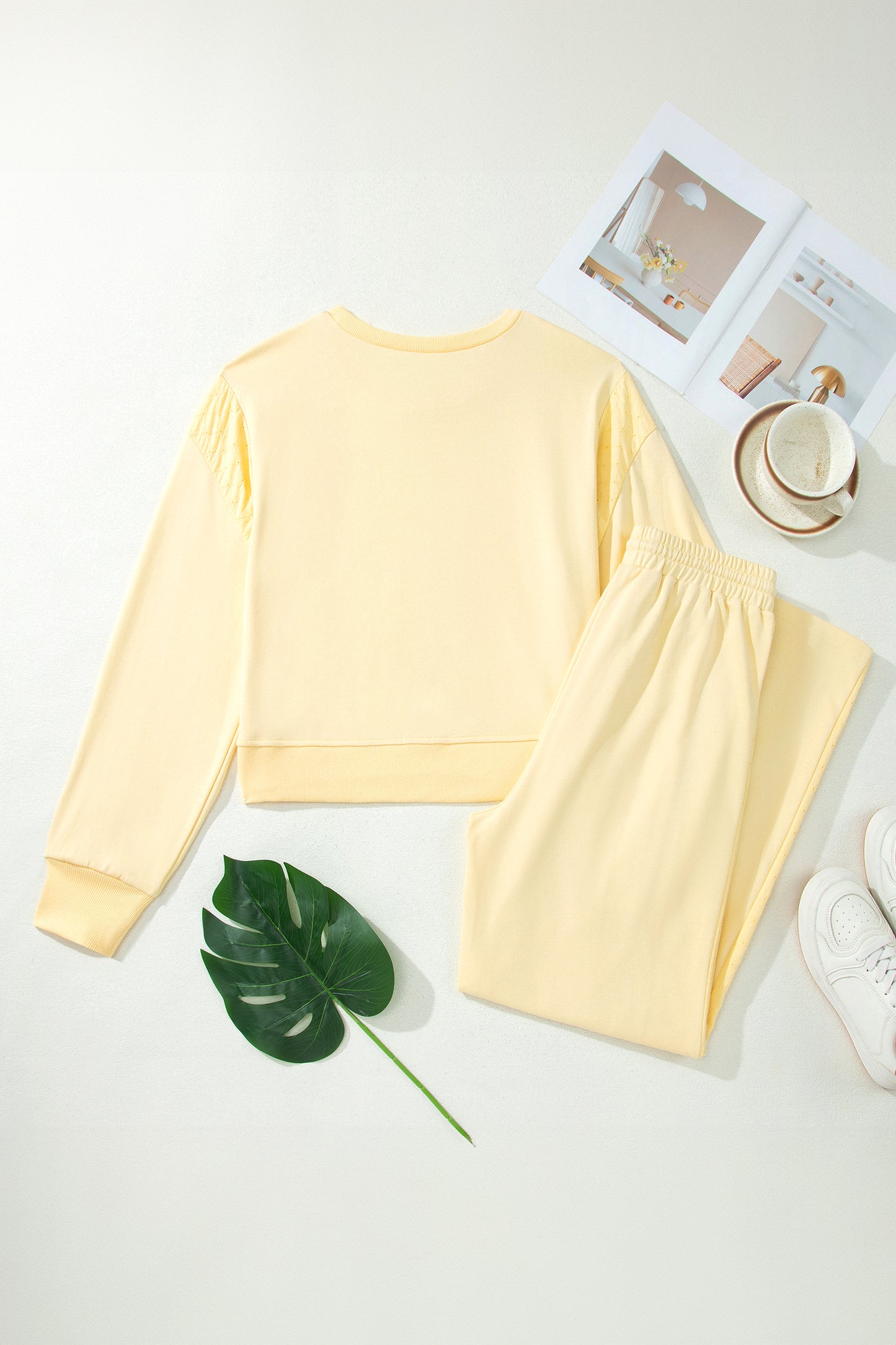 Eyelet Embroidered Lace Patchwork Cropped Pullover Drawstring Pants Set