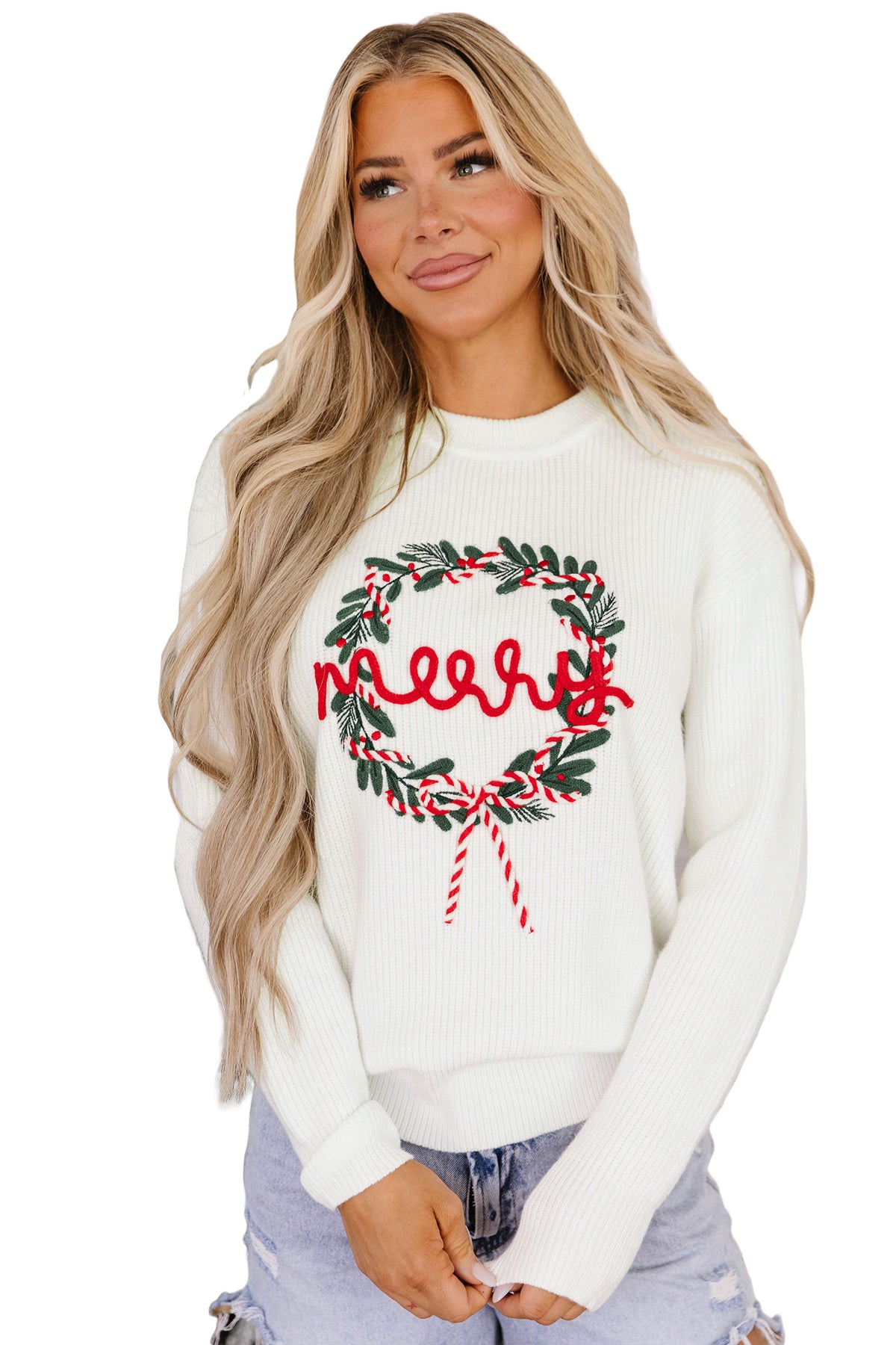 Christmas Wreath Pattern Round Neck Casual Sweater