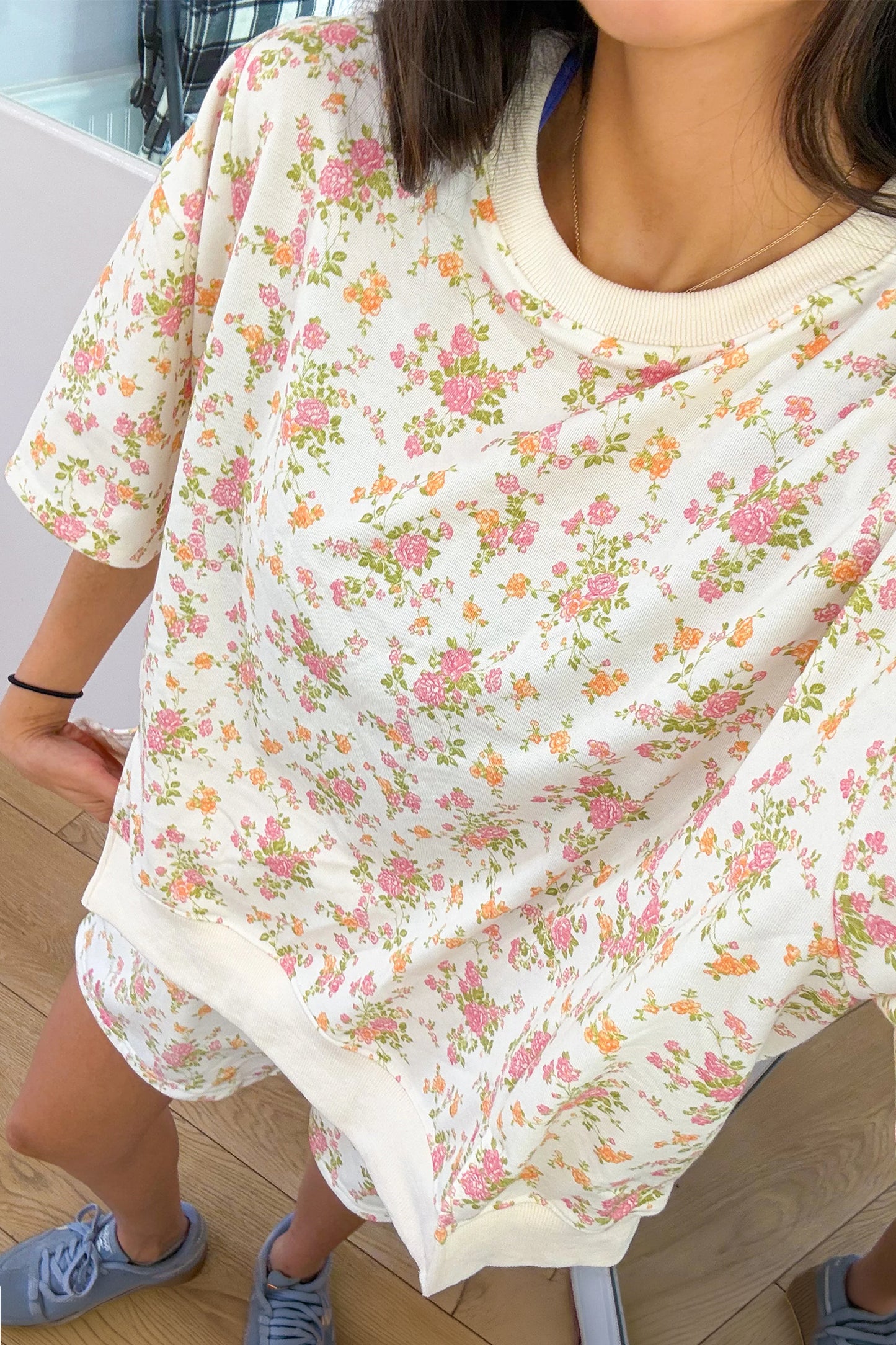 Floral Print Short Sleeve Elastic Waist Pocket Two Piece Set