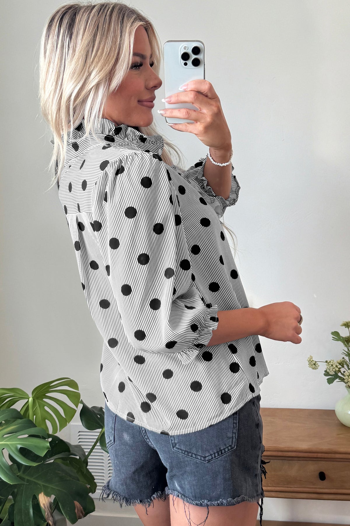 Polka Dot Striped Print Ruffle Stand Neck 3/4 Sleeve Shift Shirt