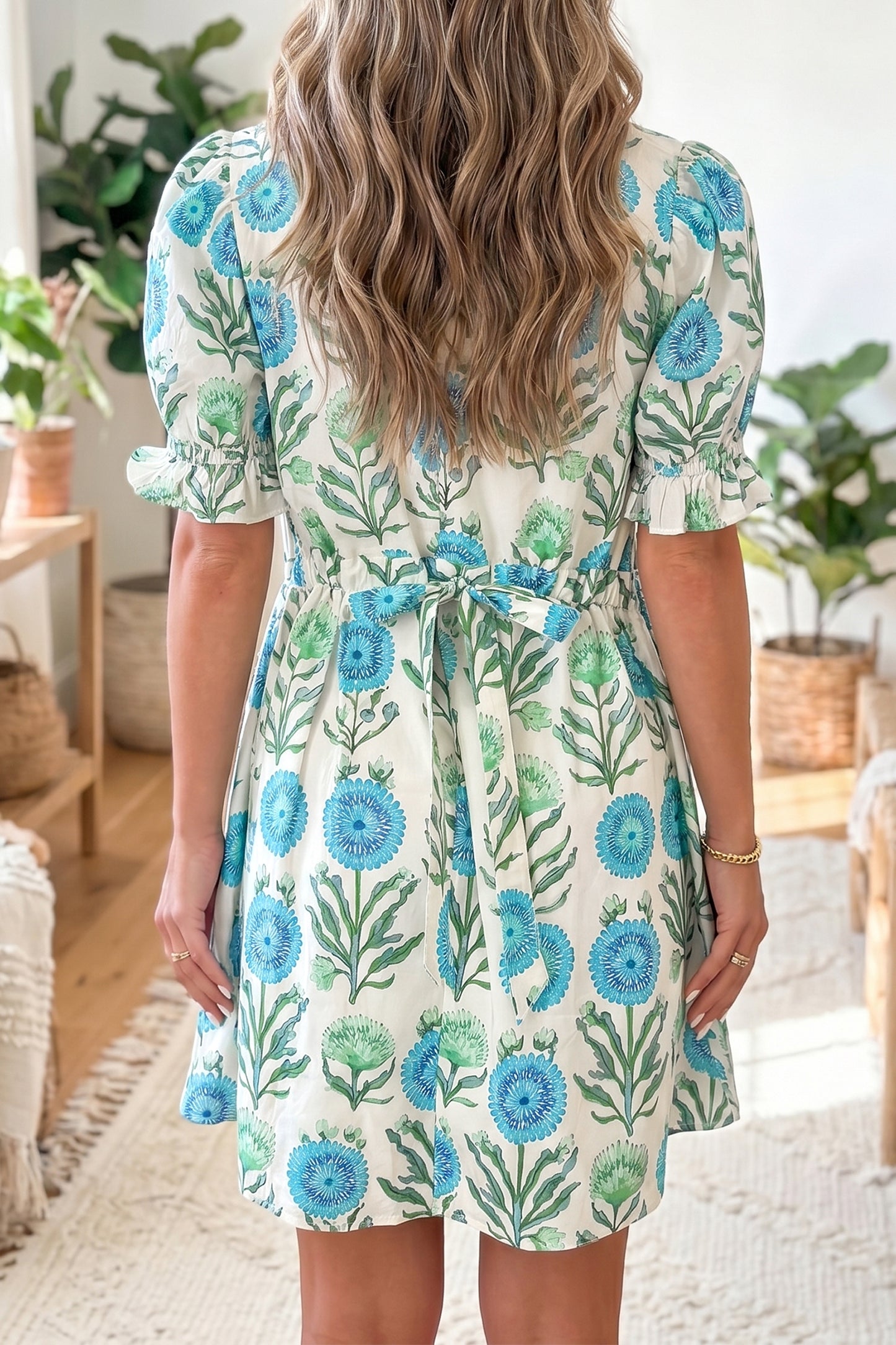 Floral Print Half Button Frilly Short Sleeve Dress