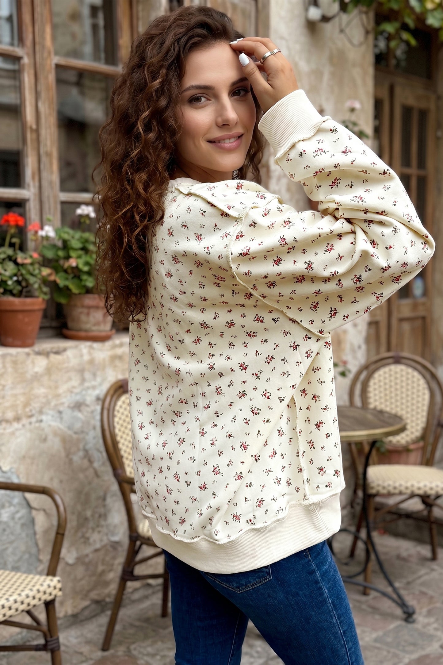 High Neck Patchwork Floral Print Baggy Pullover Sweatshirt