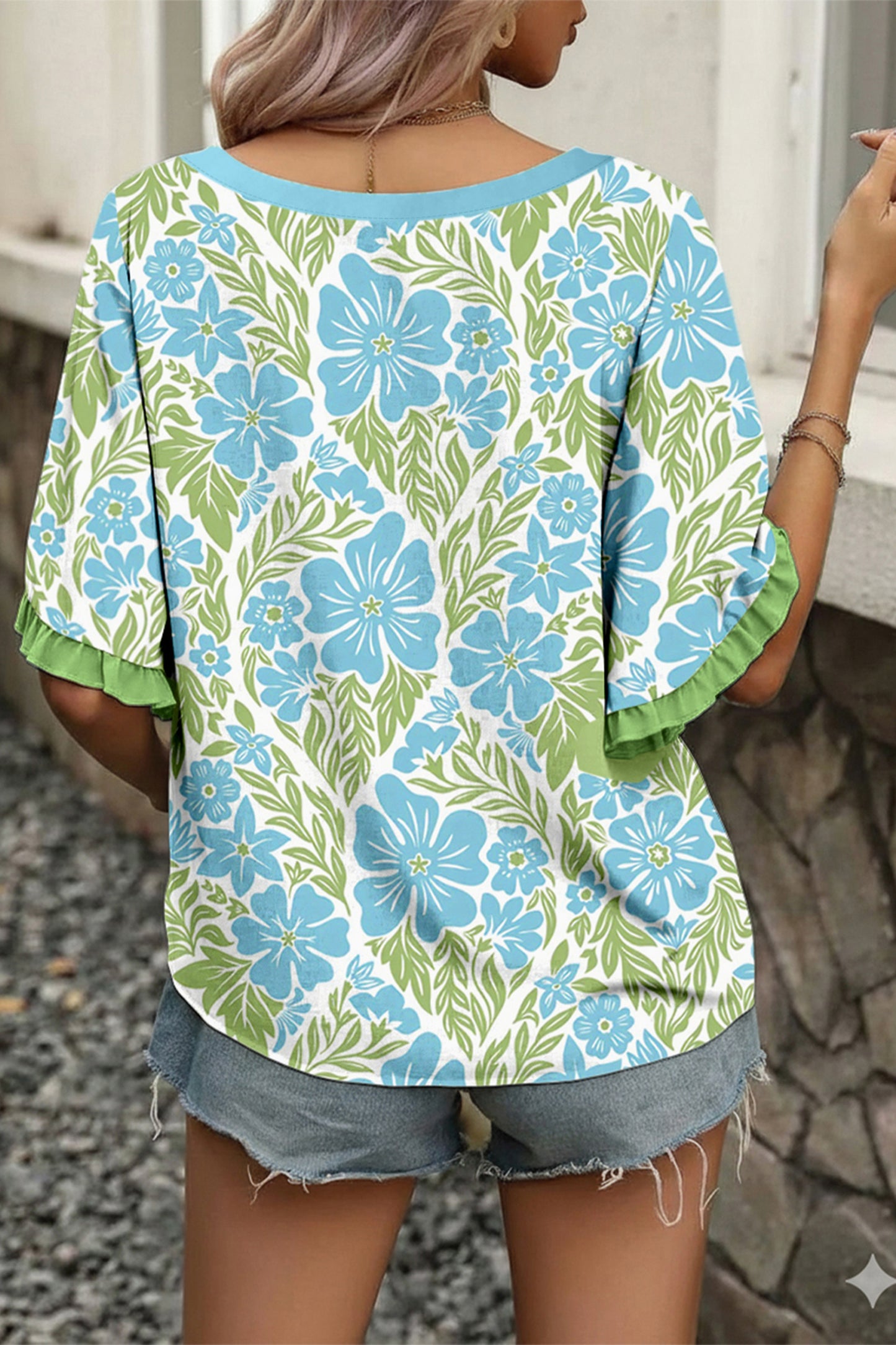 Floral Print Ruffled Color Block Trim Half Sleeve Blouse