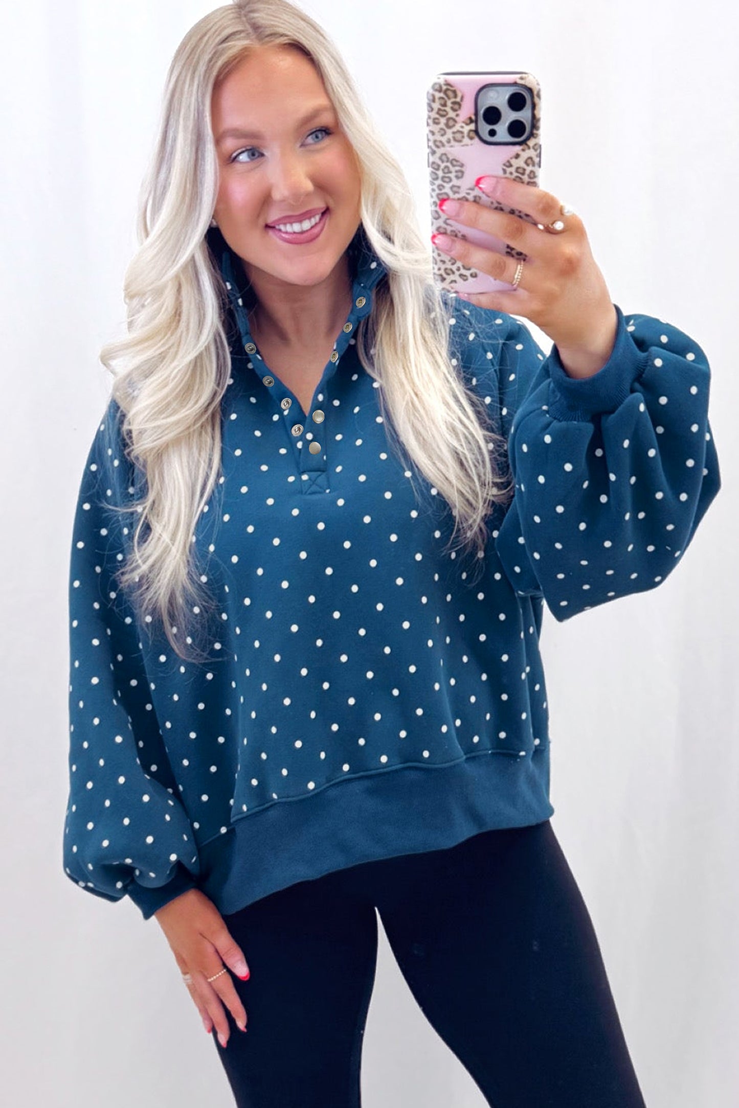 Polka Dot Print Metal Button Collar Casual Pullover Sweatshirt